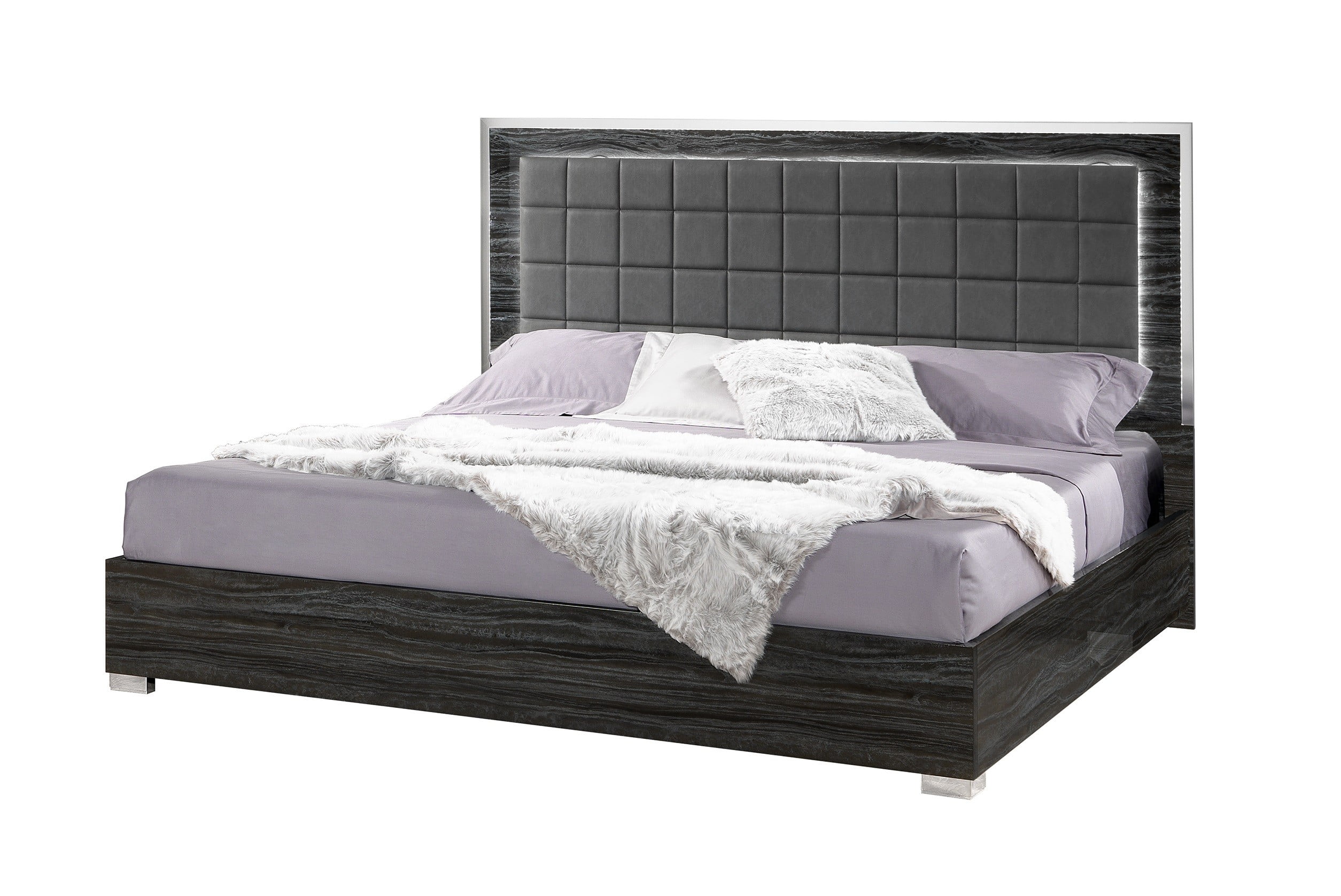 J&M Furniture Alice Bedroom Collection in Gloss Grey with 6 piece king bed, chest, dresser, mirror and 2 nightstand, king bedroom set