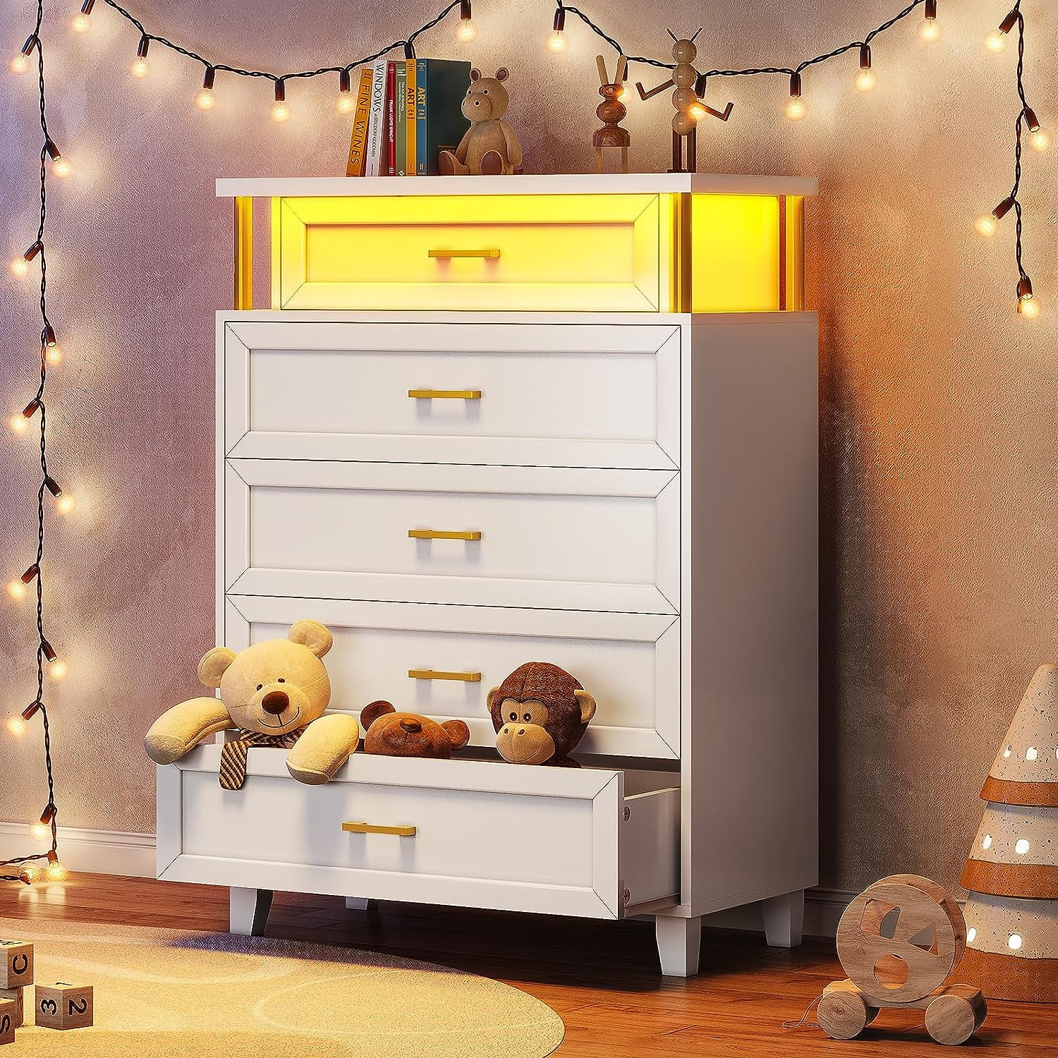Afuhokles 5 Drawer Dresser, White Dresser for Bedroom with Led Light, Modern Bedroom Closet Tall Dresser
