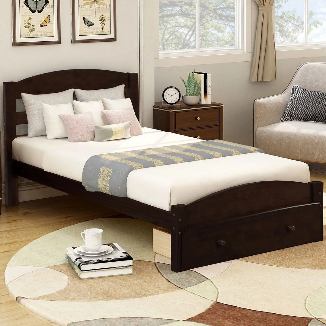 Momei Platform Twin Bed Frame with Storage Drawer Espresso Espresso