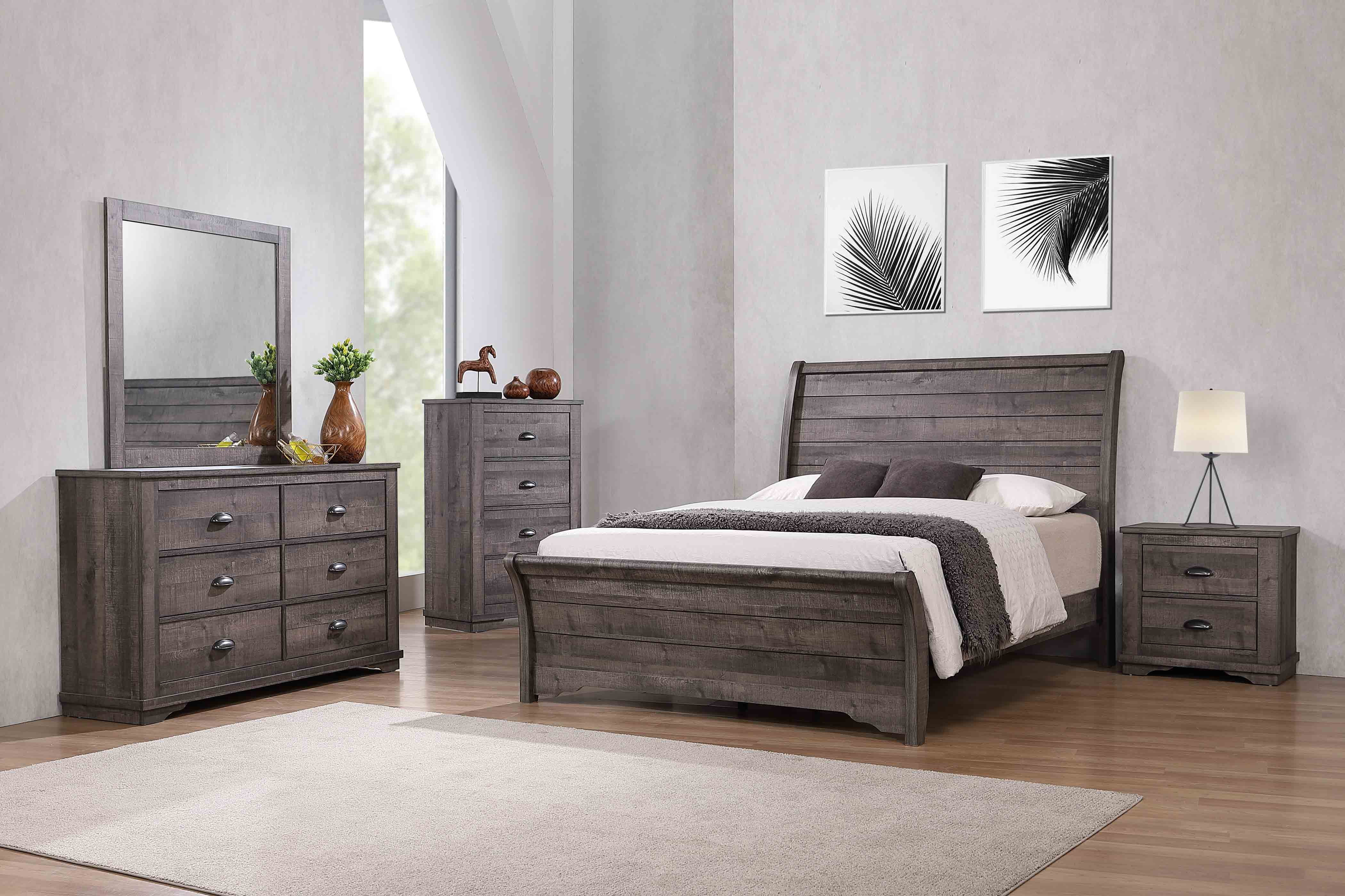 Hermine Gray Sleigh Bedroom Set Special King 5 Piece: Bed, Dresser, Mirror, NightStand, Chest