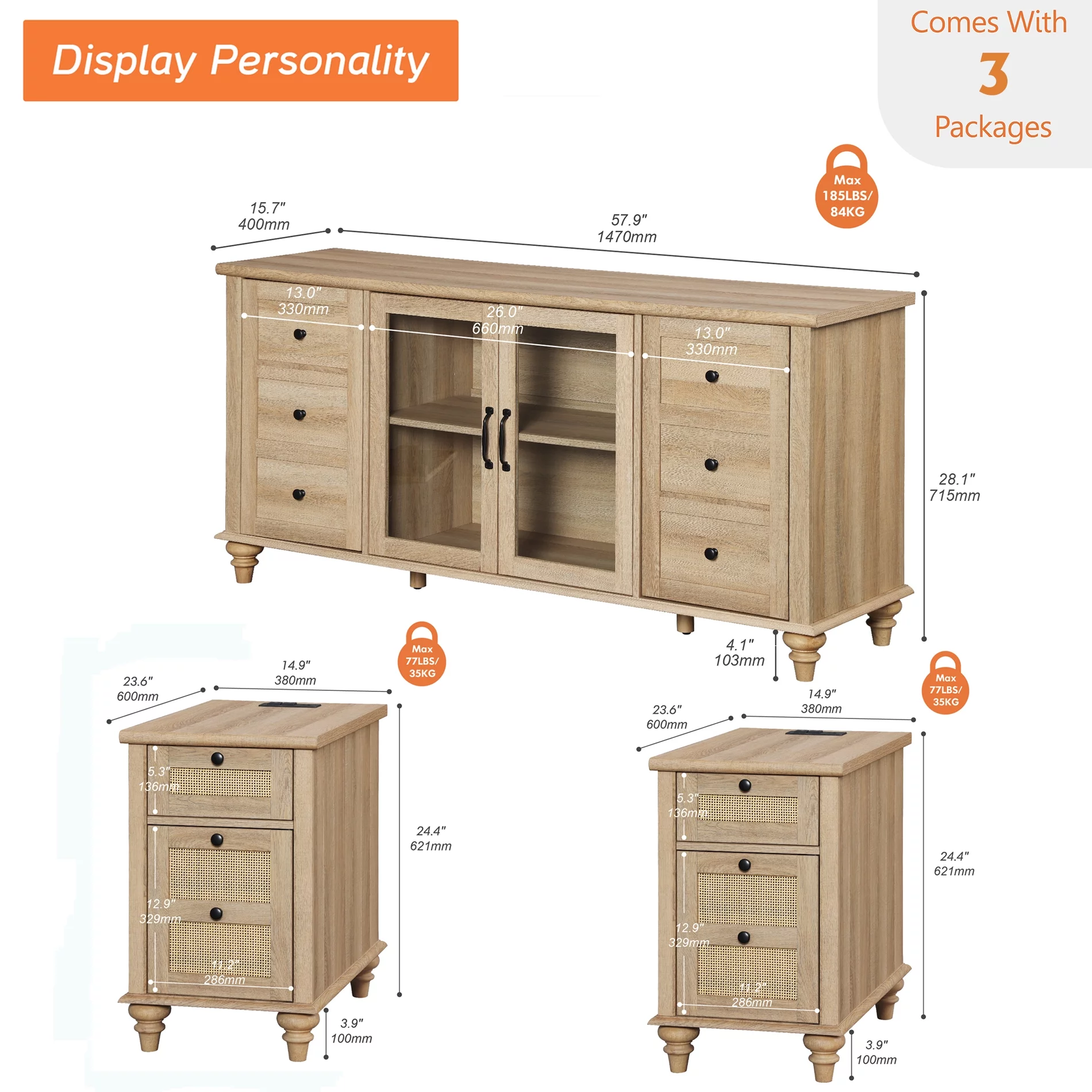 WAMPAT 3 Piece Modern TV Stand Set ，1 Glass Door TV Stand and 2 End Table with Charging Station for Living Room, Farmhouse Wooden Entertainment Center Console Table, End Table with Storage Cabinet