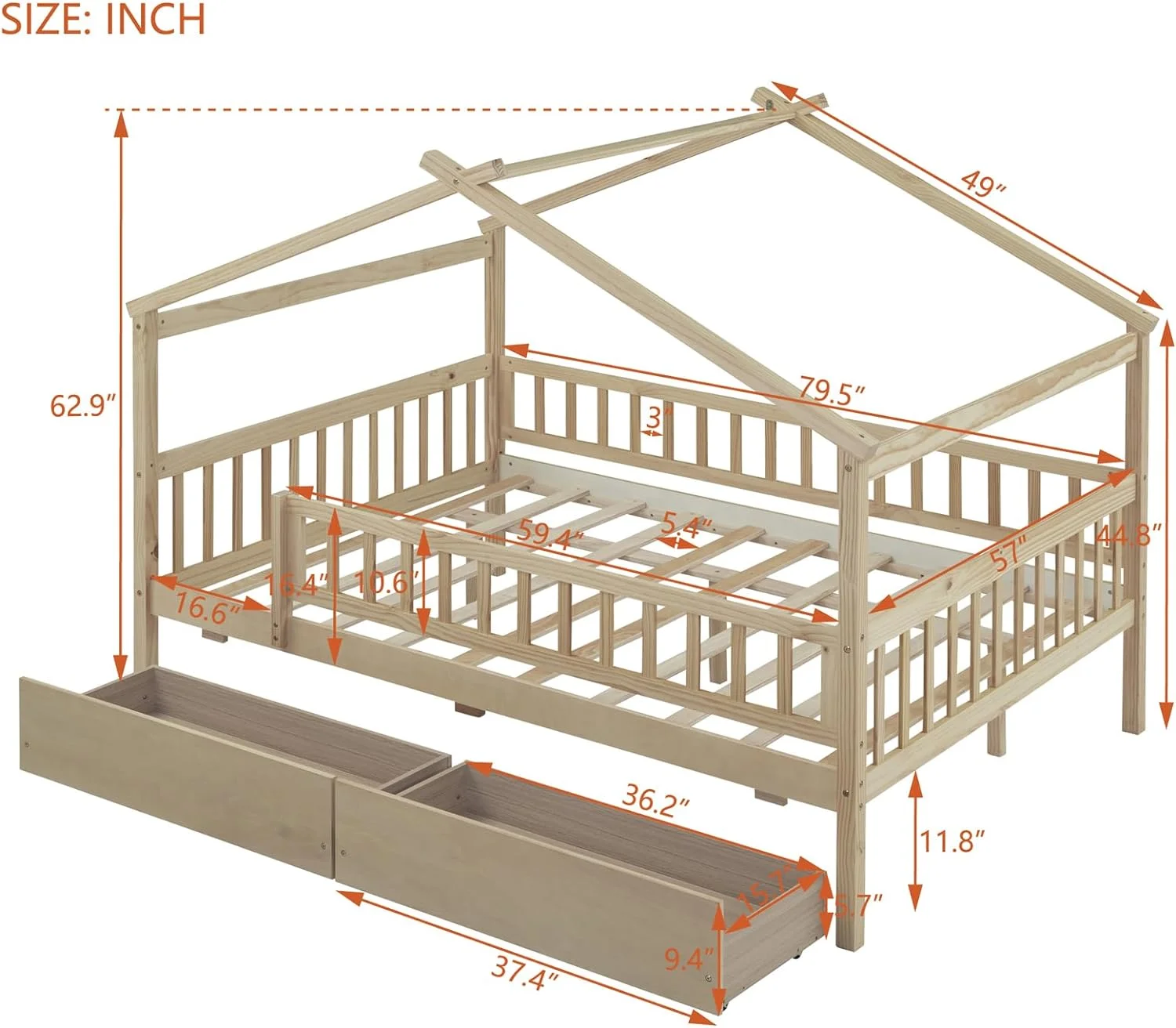 Full Size Wooden House Bed Frames with 2 Storage Drawers, Sturdy Simple House Platform Bed with Solid Wood Slat Support, No Box Spring Needed for Bedroom Small Living Space Boys Girls