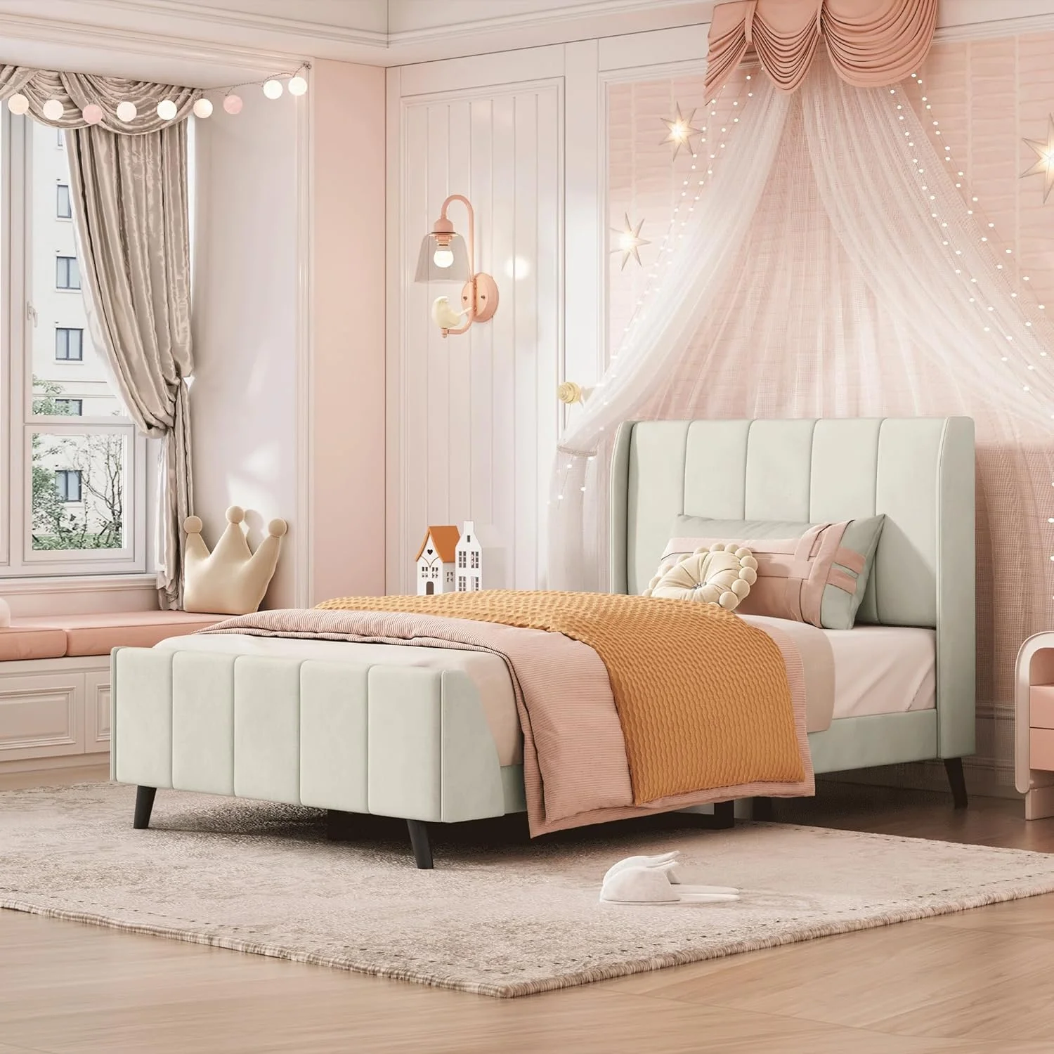 Upholstered Velvet Twin Size Platform Bed with Headboard & Footboard for Kids Bedroom,Easy Assemble & No Box Spring Needed,Perfect for Small Space, Beige