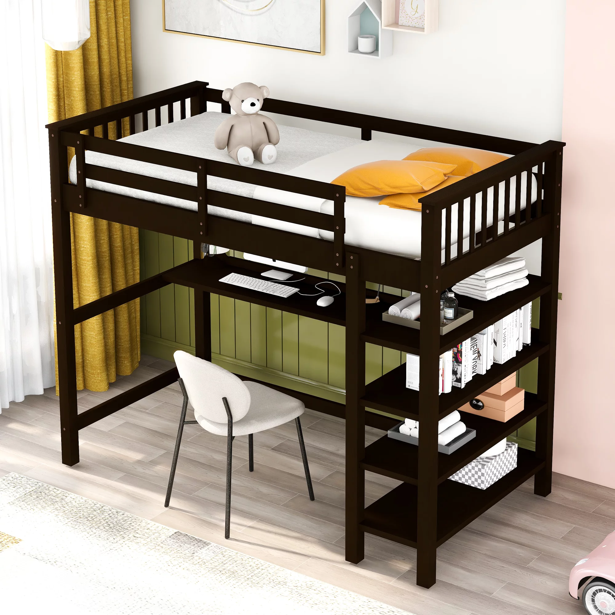 Euroco Wood Twin Loft Bed with Desk & Storage Shelves for Kids Bedroom, Espresso