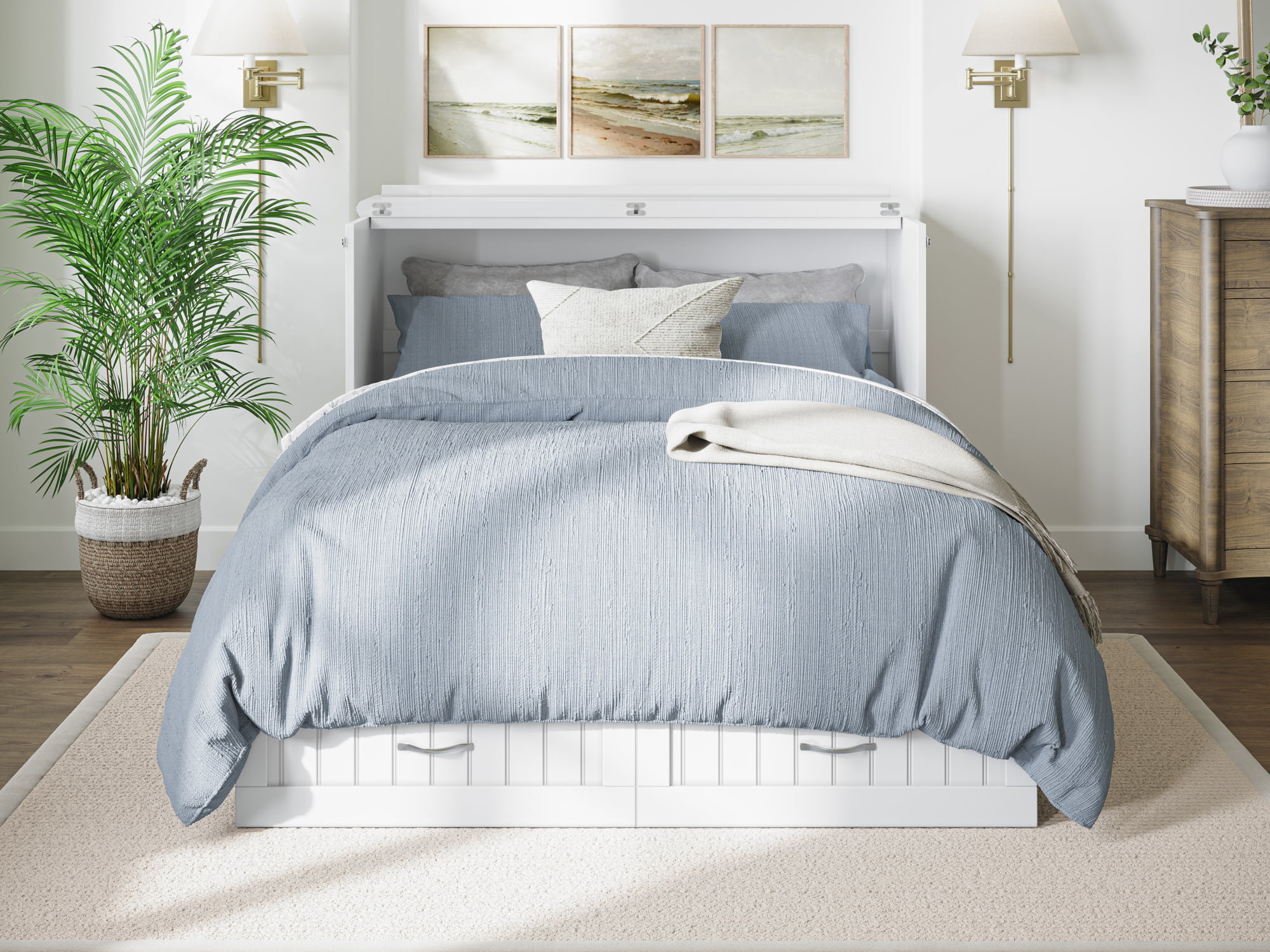 AFI Southampton Full Solid Wood Murphy Bed Chest with Mattress, Drawer & Charger in White