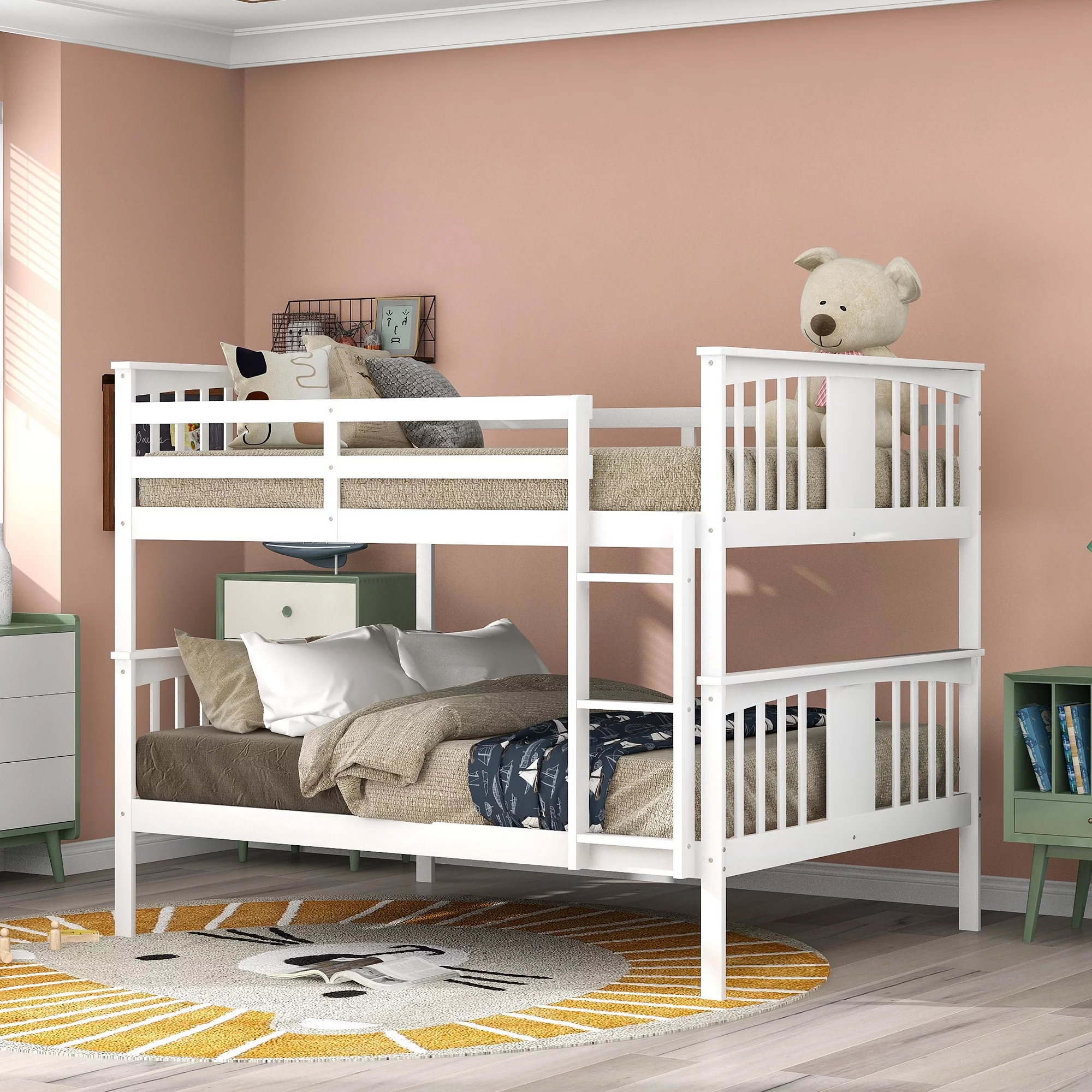 White Full over Full Bunk Bed with Ladder for Bedroom, Guest Room Furniture