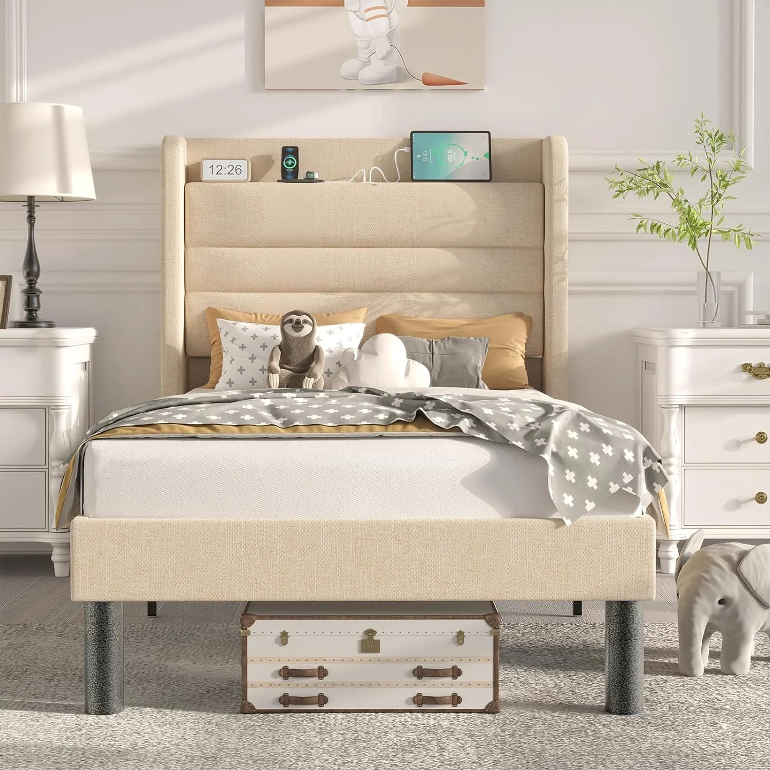 Flolinda Twin Bed Frame with Charging Station Type-C & USB Ports Linen Upholstered Tufted Wingback Headboard, No Box Spring Needed Beige