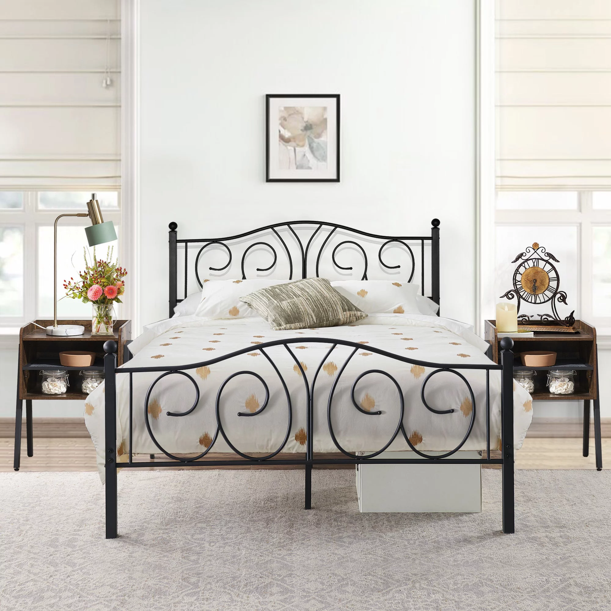 VECELO 3-piece Bedroom Set, Queen Metal Platform Bed Frame and 2 Stackable Nightstand