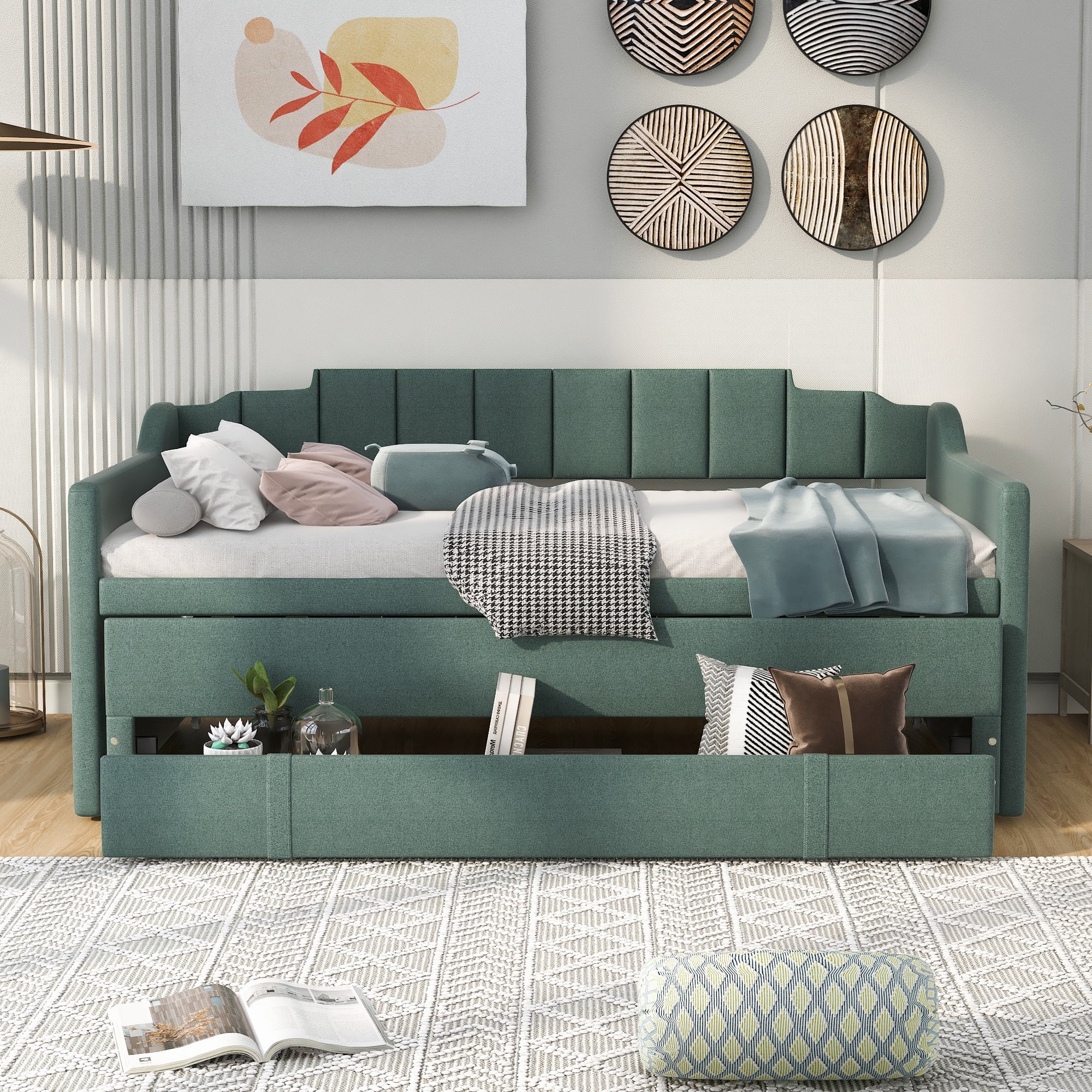 Twin Size Upholstered Solid Wood Daybed with Rails, Daybed Frame with Trundle and Three Drawers, Wooden Slats Support, No Box Spring Needed, Clean Lines Design to Any Place(Green)