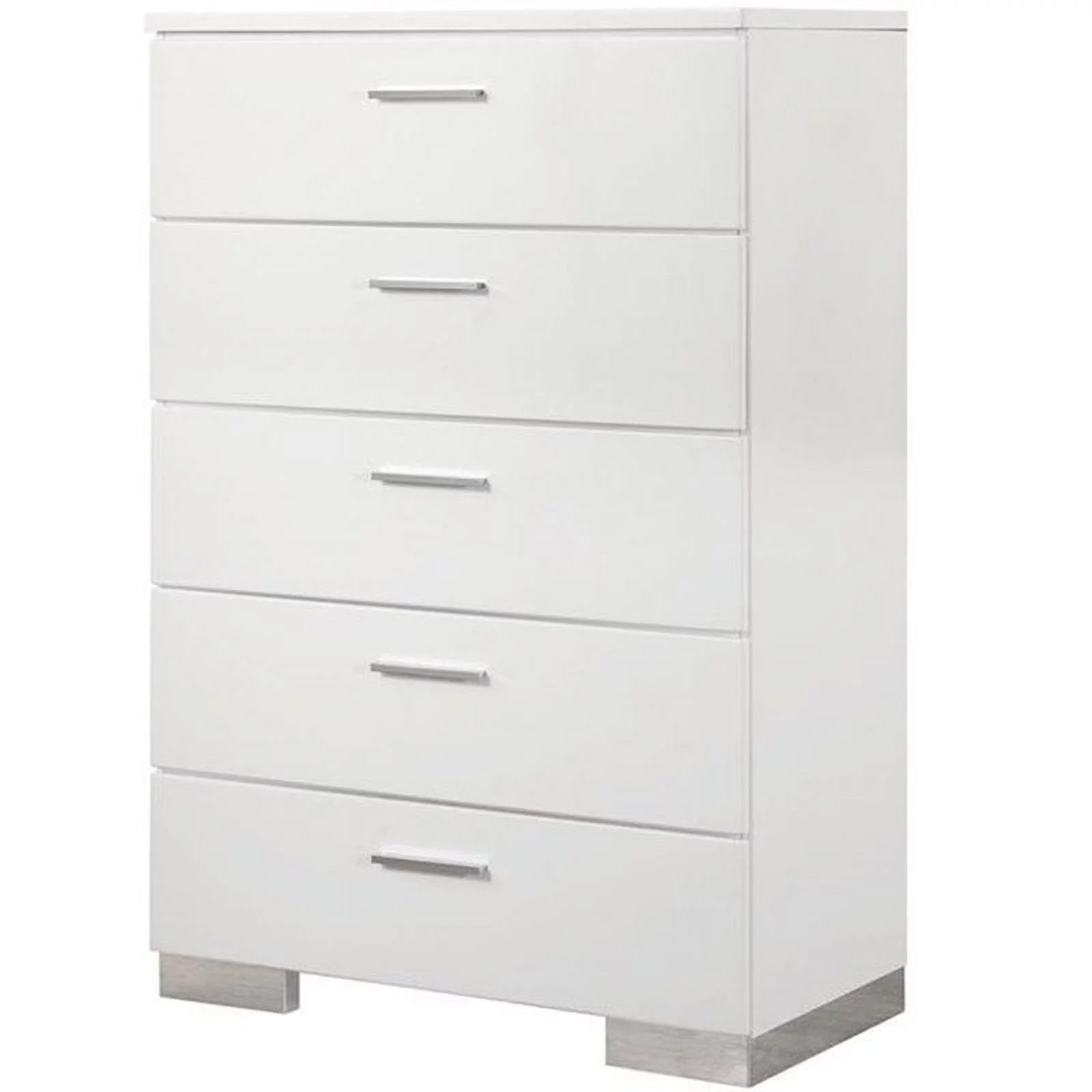 Bowery Hill 5 Drawer Chest in Glossy White and Silver