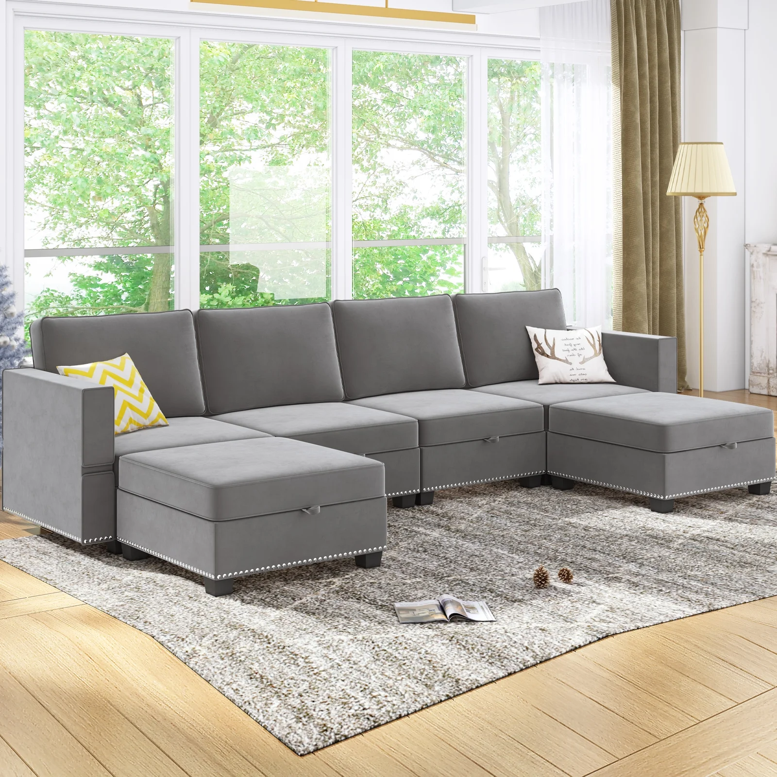 BALUS Modular Sectional Sofa, Convertible U L Shaped Sleeper Sofa, Convertible Sectional Sofa Couch Set with Storage Large Space，6 Seater Furniture Sets for Living Room/Apartments(Light Grey)