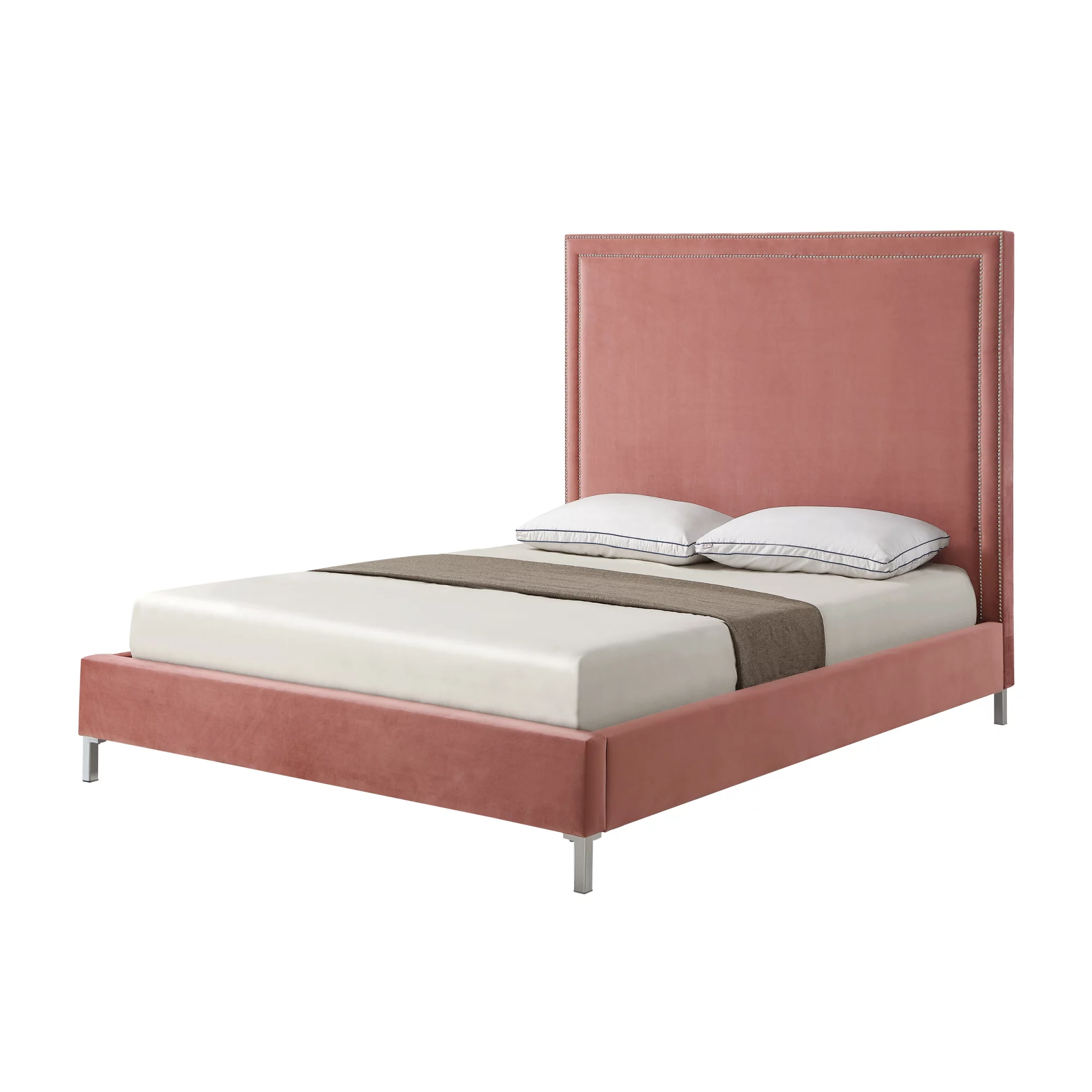 Inspired Home Raffaele Velvet Platform Bedframe Queen Size Nailhead Trim, Blush