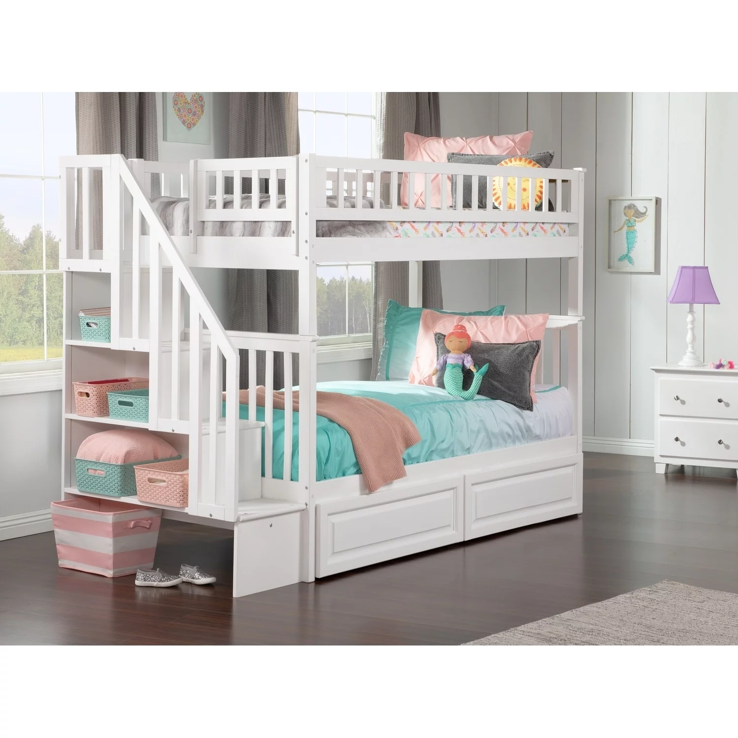 AFI Woodland Staircase Bunk Bed Twin over Twin with 2 Drawers in White