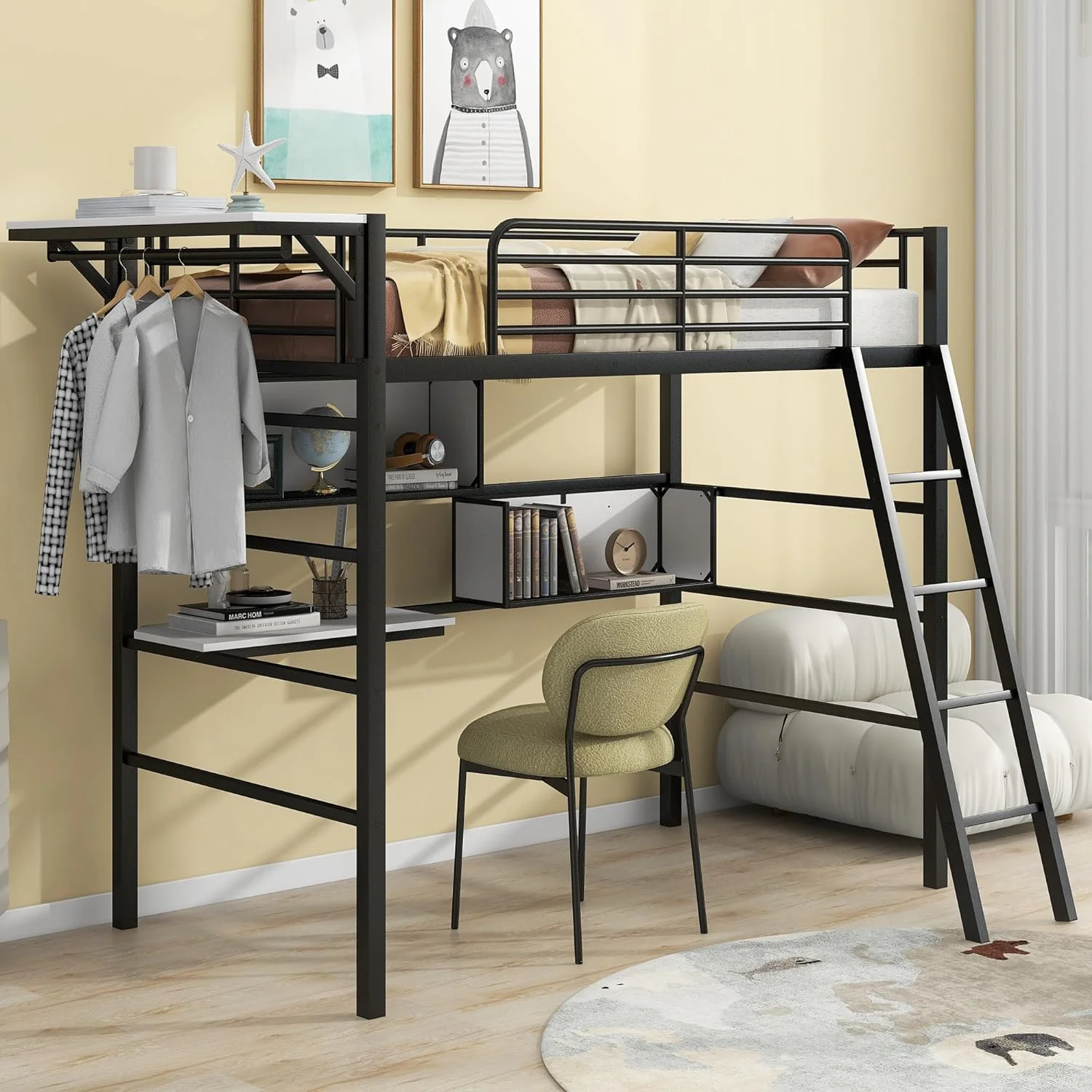 Loft Bed Size, Metal Loft Bed With Desk, 2 Shelves, 1 Hanging Hanger, Inclined Ladder, High Guardrail, Space Saving Loft Bed For Dormitory Bedroom Apartment, Black + White