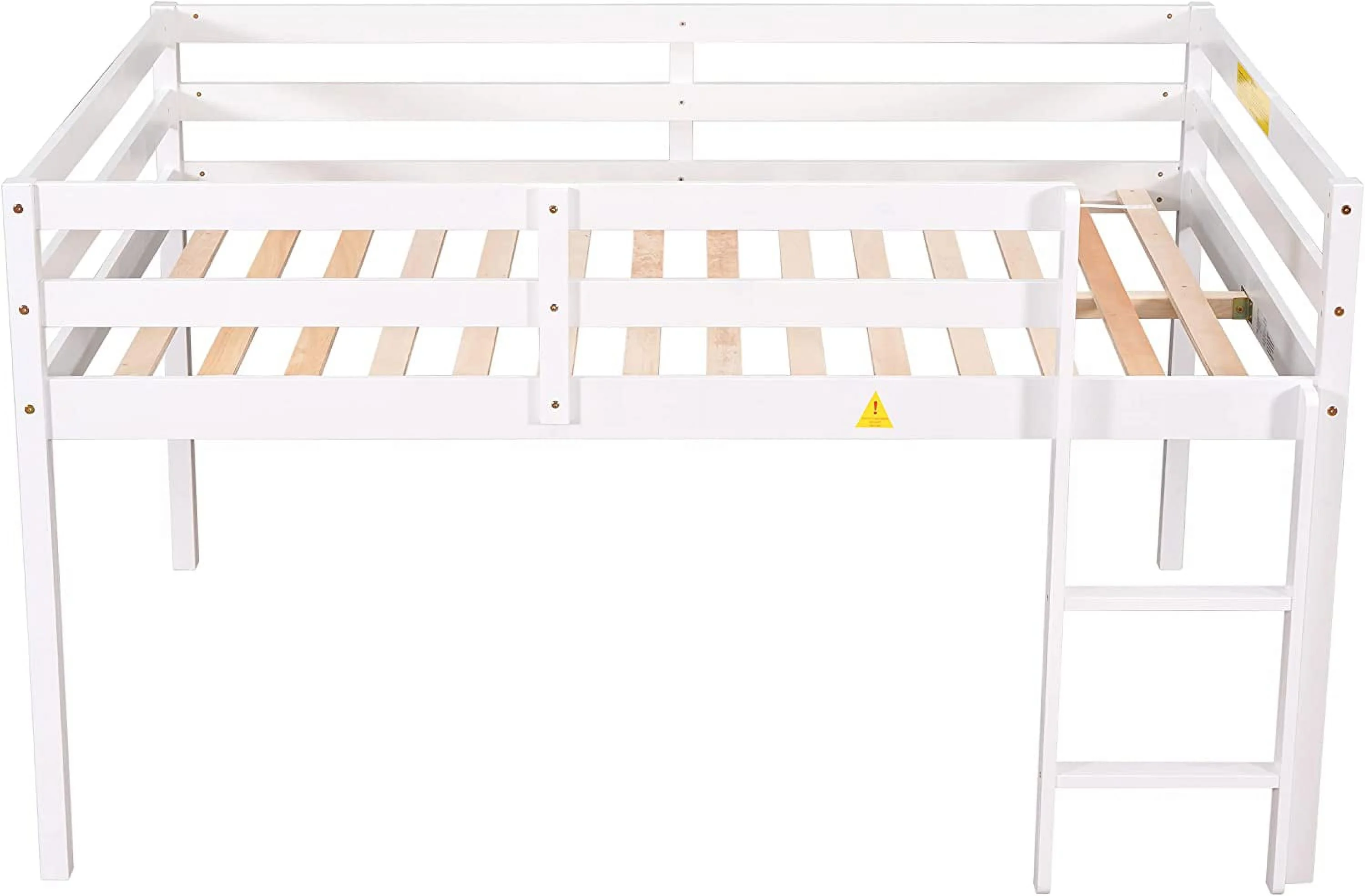 Full Size Lof Bed For Kids, Wood Low Profile Lof Bed Frame Wih Guard Rail & Ladder, Lof Bed Full Size For Boys, Girls, No Box Spring Needed (Whie)