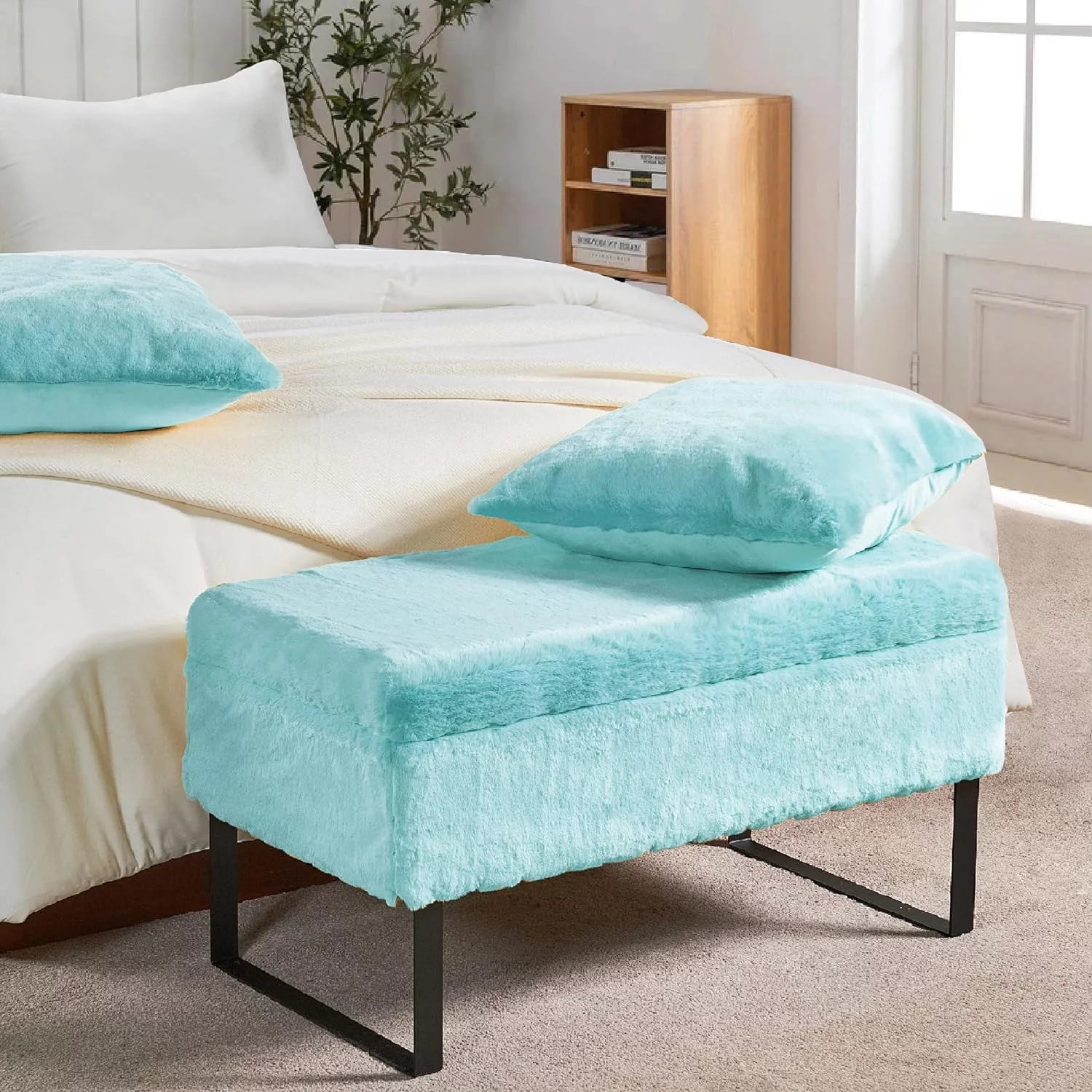 Heavy Faux Fur Storage Ottoman, 36'' X 18'' X 19''H / 20'' X 20'' Pillow Set, Bleached Aqua, Foot Rest Stool Ottoman Living Room Bedroom End Of Bed Makeup Entryway Bench Throw Pillow