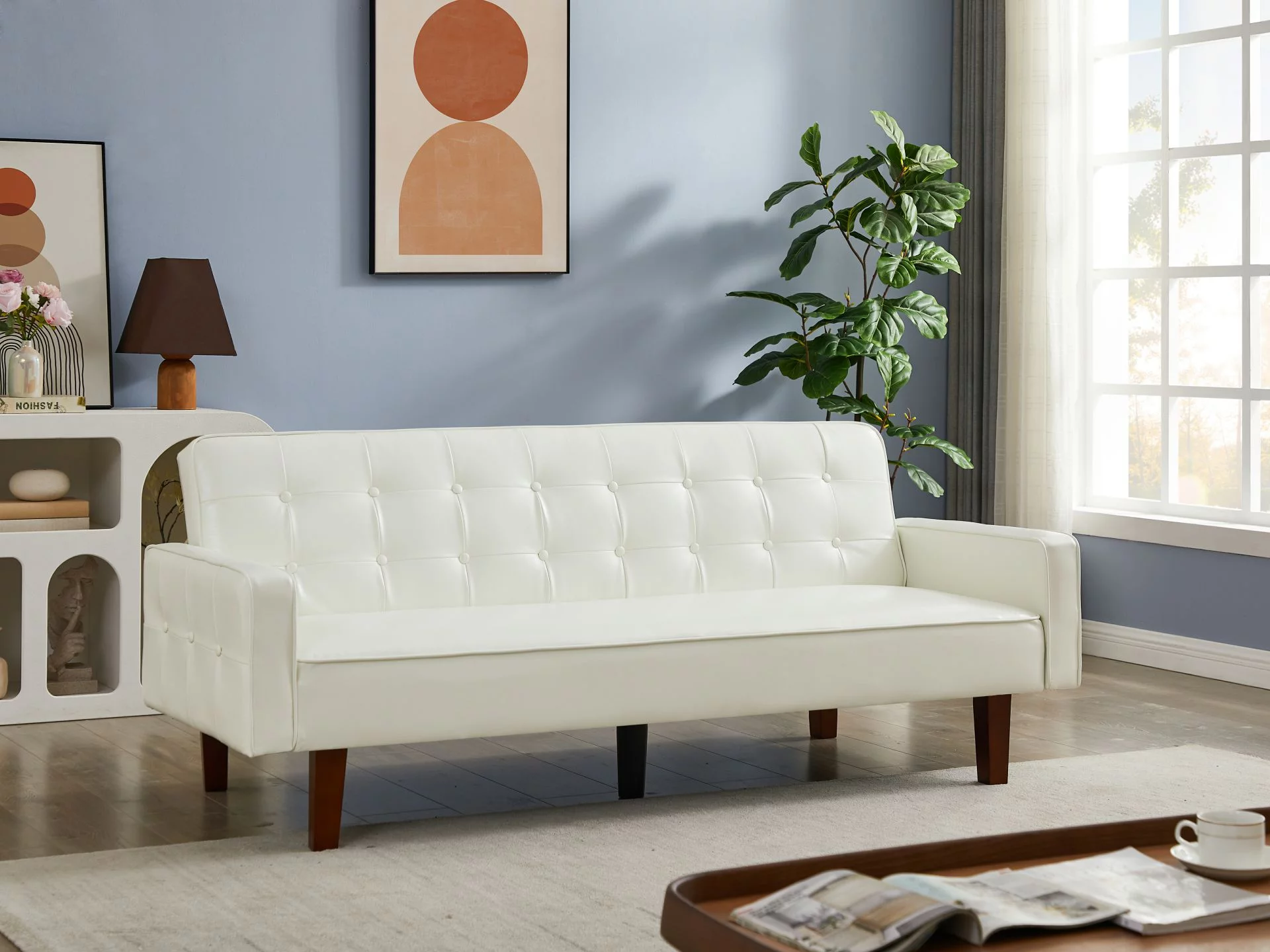 RUXAN White Convertible Double Folding Living Room Sofa Bed, PU Leather, Tufted Buttons,Removable Wooden Feet