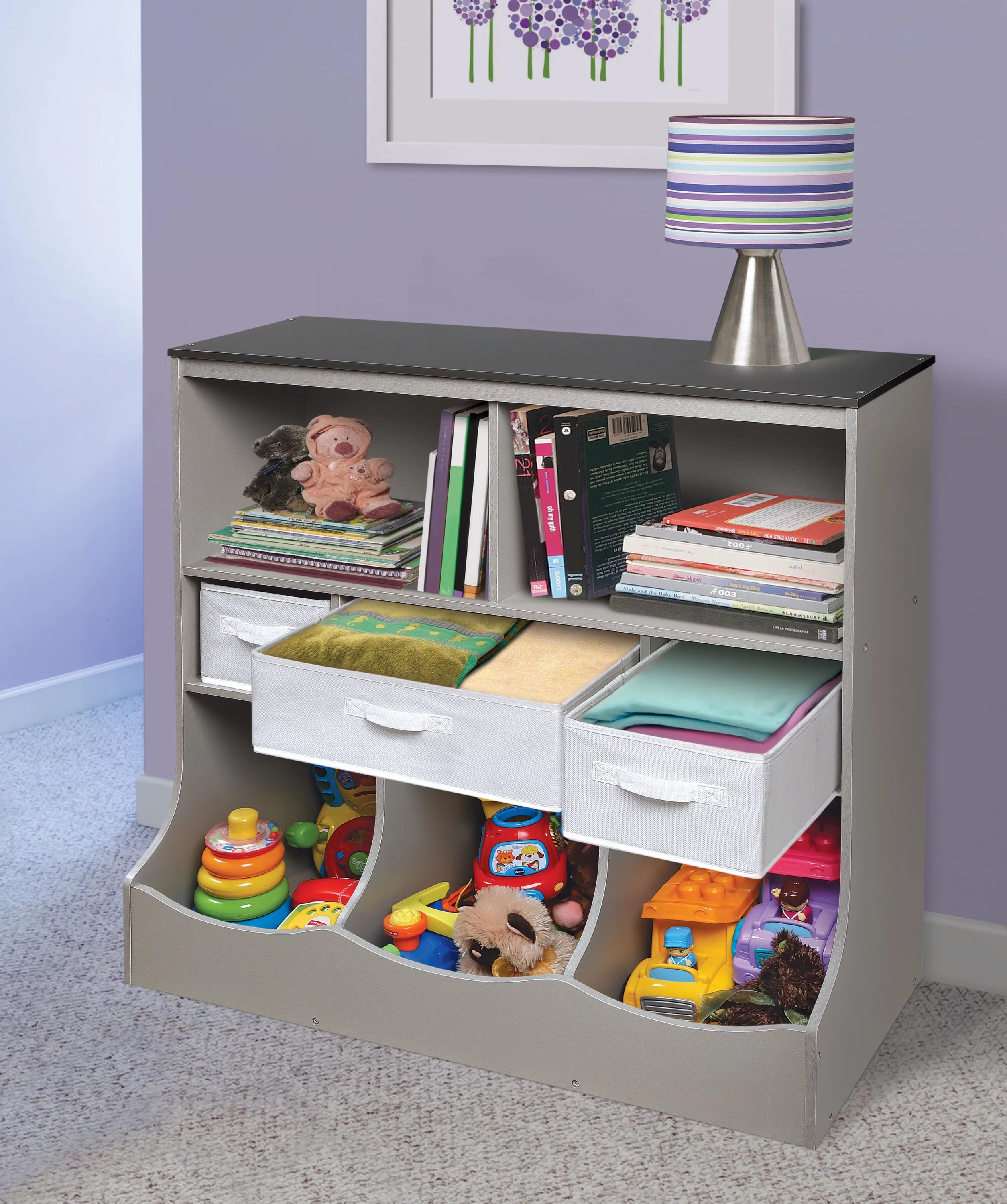 Badger Basket Combo Bin Wood Toy Storage Organizer with Three Baskets 8.6 Cu ft.- Gray