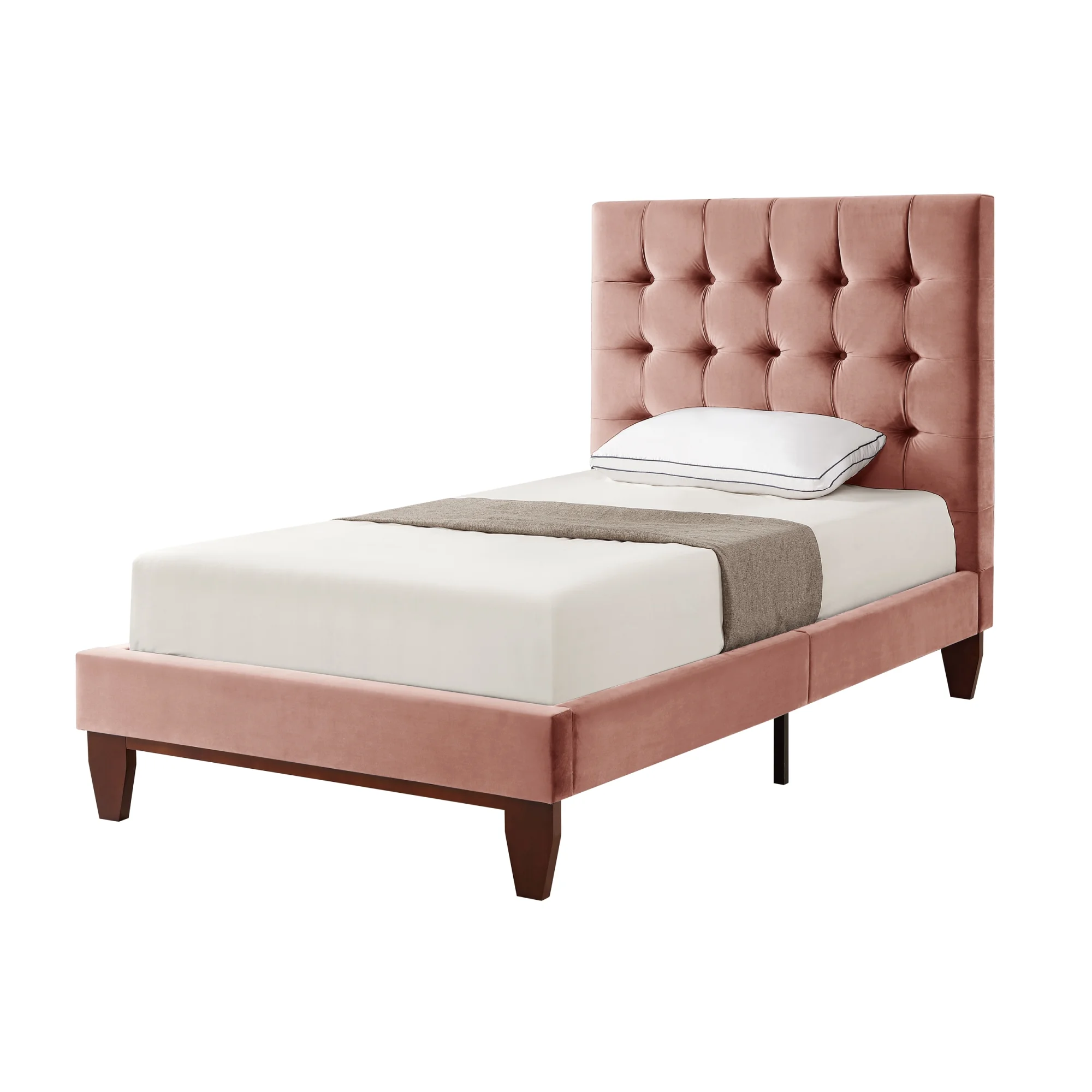 Inspired Home Saverio Velvet Platform Bedframe Twin Size Tufted Modern and Contemporary, Blush