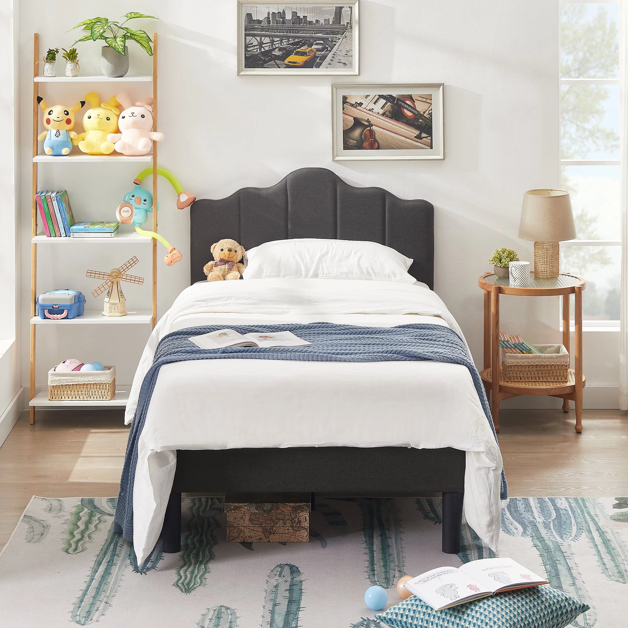 VECELO 2-Piece Twin Platform Bed Frame with Adjustable Headboard, No Box Spring Needed, Gray