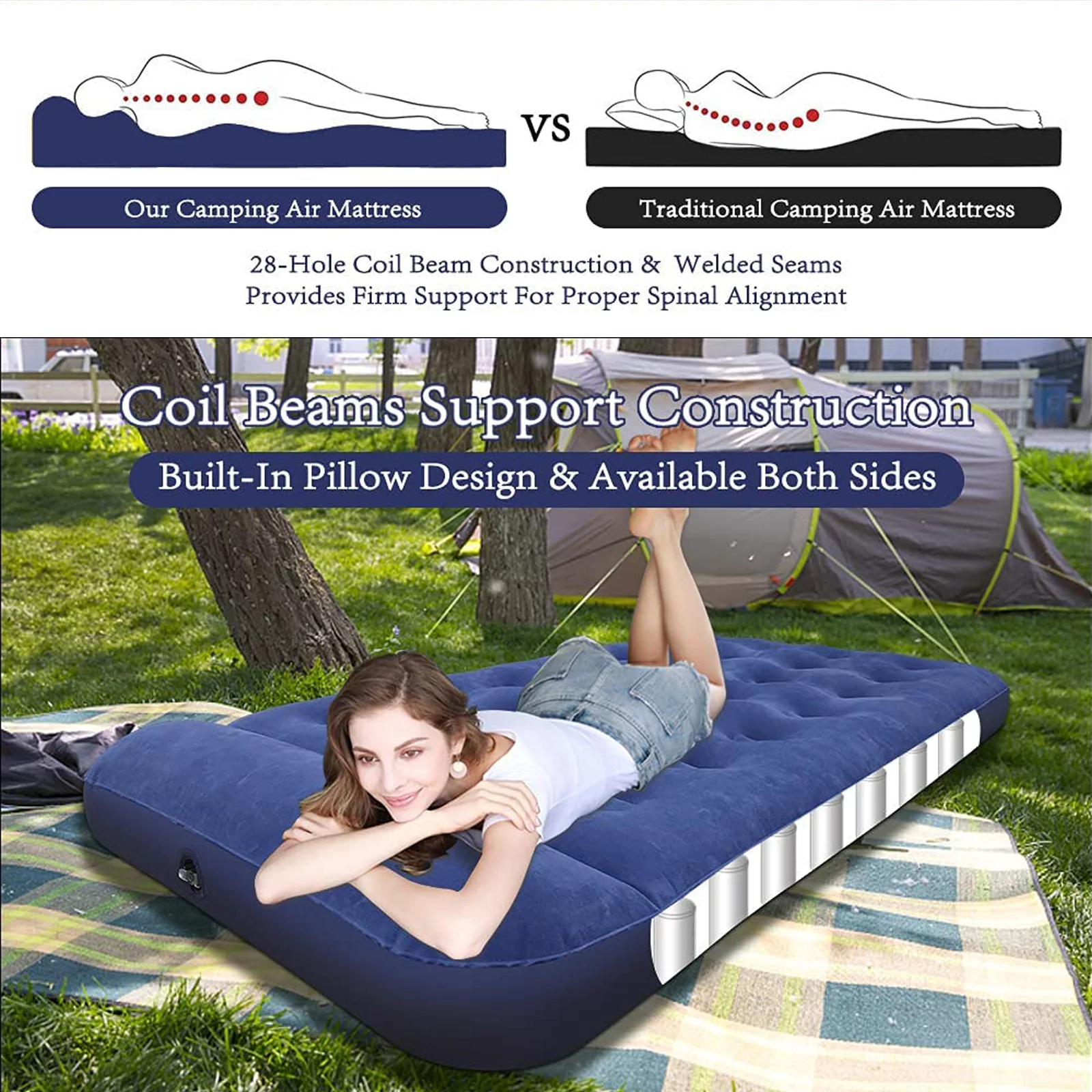 Camping Air Mattresses for Tents - Air Mattress with Built in Pump - Built-in Pillow Foot Pump Air Bed(Light Grey & Blue)