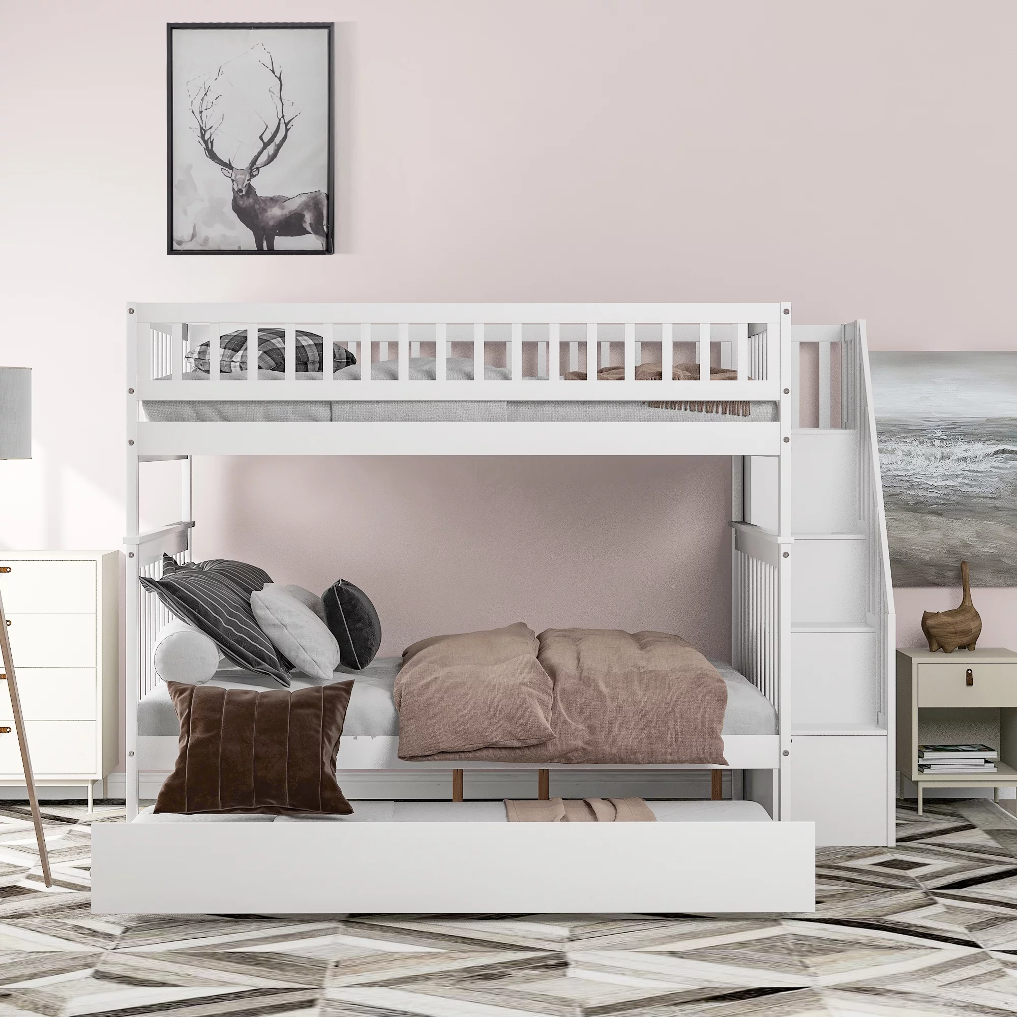 Nestfair White Full over Full Bunk Bed with Trundle and Staircase