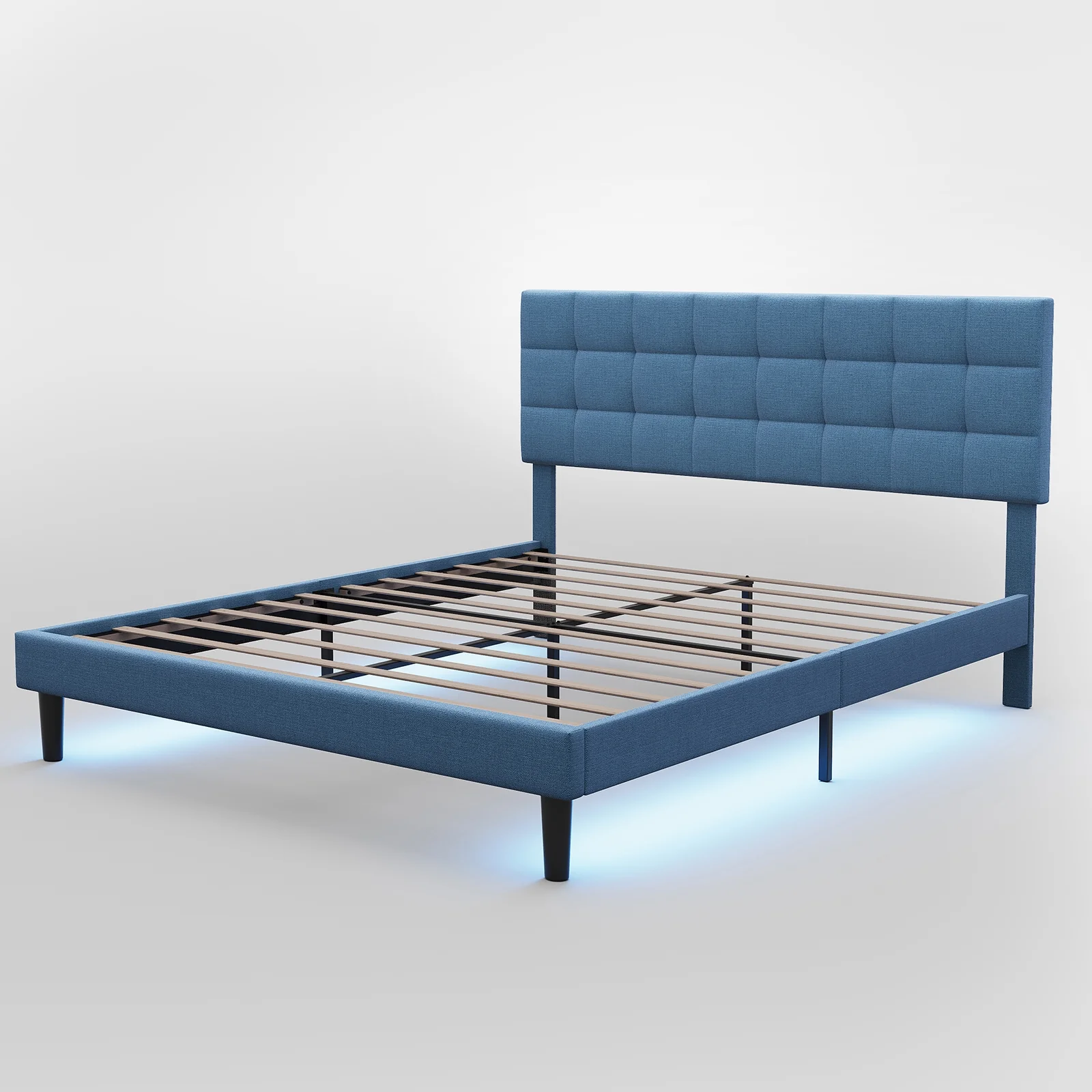 Queen Size Bed Frame with RGB LED Light Stripe, Linen Adjustable Headboard, Noise-Free, Easy Assembly, Blue