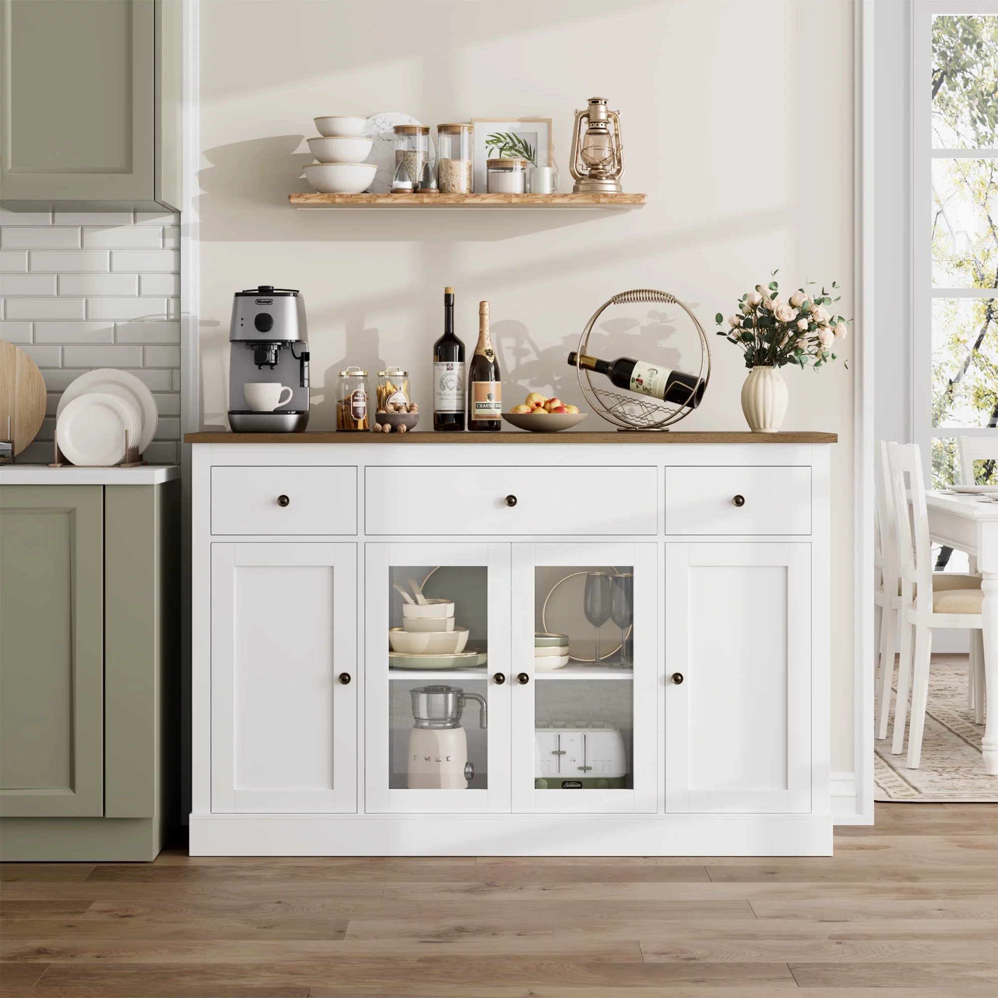 Homfa 55.1'' W Kitchen Buffet Cabinet with 3 Drawer Adjustable Shelf, Glass Door Wooden Sideboard Coffee Bar for Dining Room Living Room