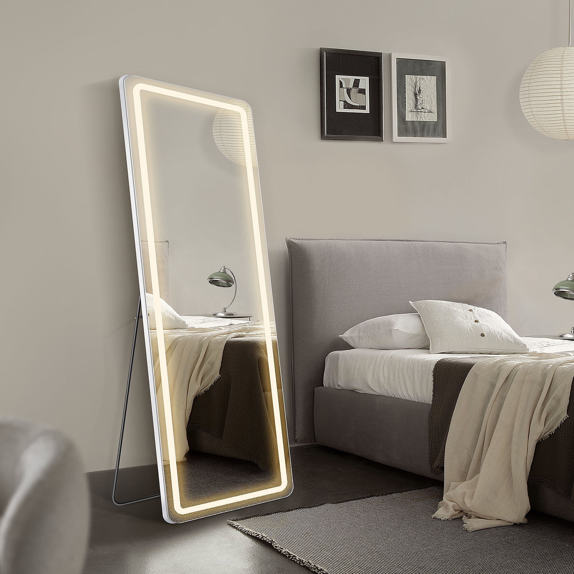 Full Length Mirror with LED Lights, 64x21 Inch Lighted Floor Standing Mirror with Stand, Full Body Mirror with Dimming & 3 Color Lighting, Wall Mounted Hanging Mirror with Aluminum Alloy Thin Frame