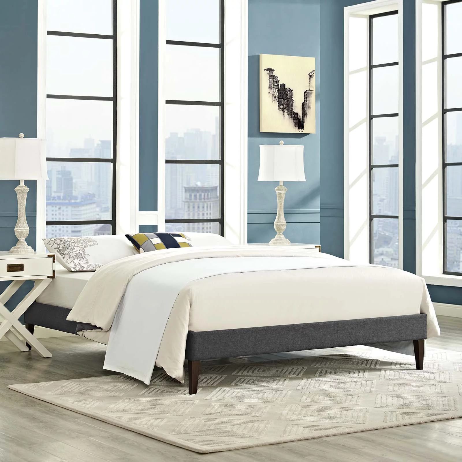 Modern Contemporary Urban Design Bedroom King Size Platform Bed Frame, Fabric, Grey Gray