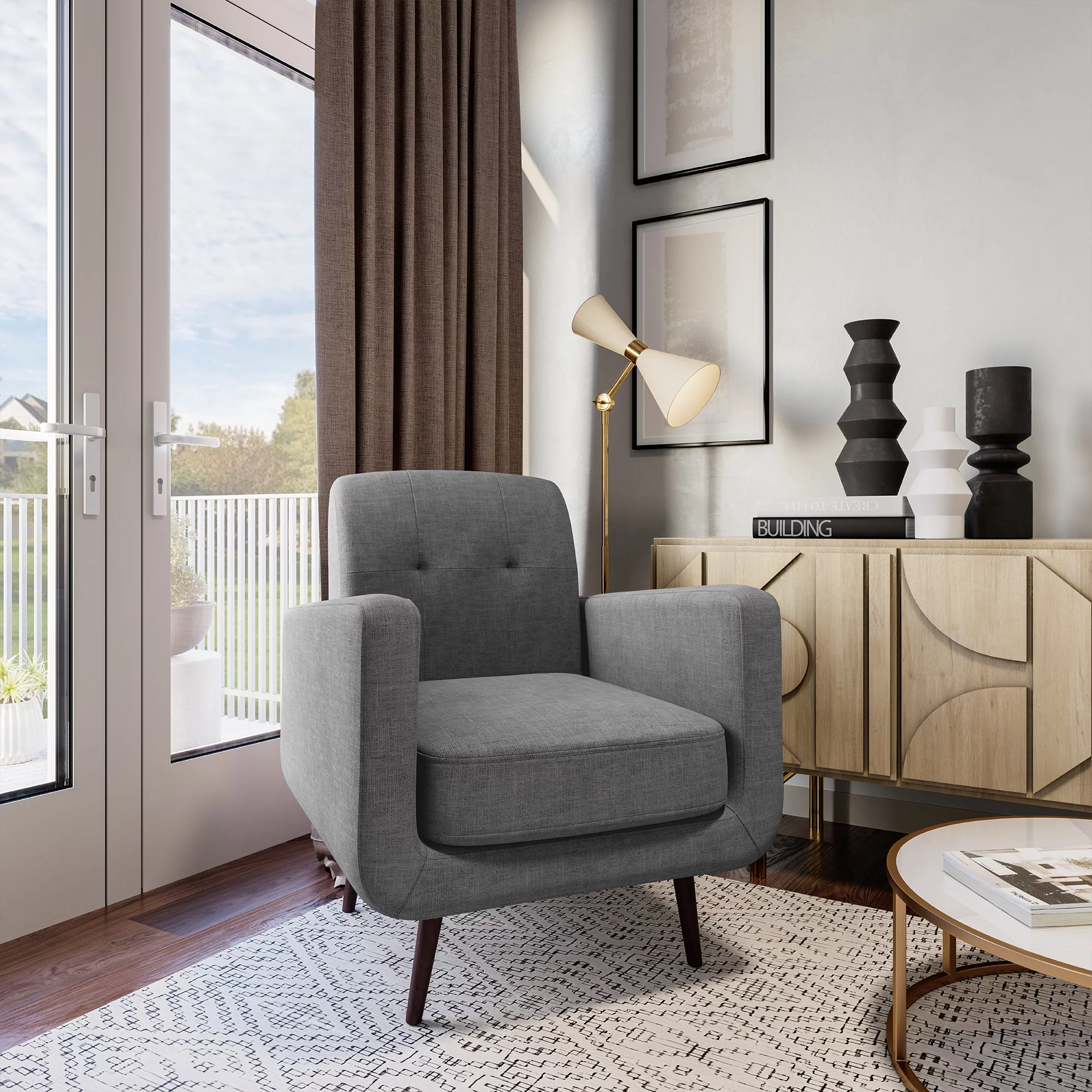 BELLEZE Hasting Arm Chair Comfy Fabric Upholstered Tufted Accent Chair Single Sofa for Bedroom Living Room with Wooden Legs, Grey