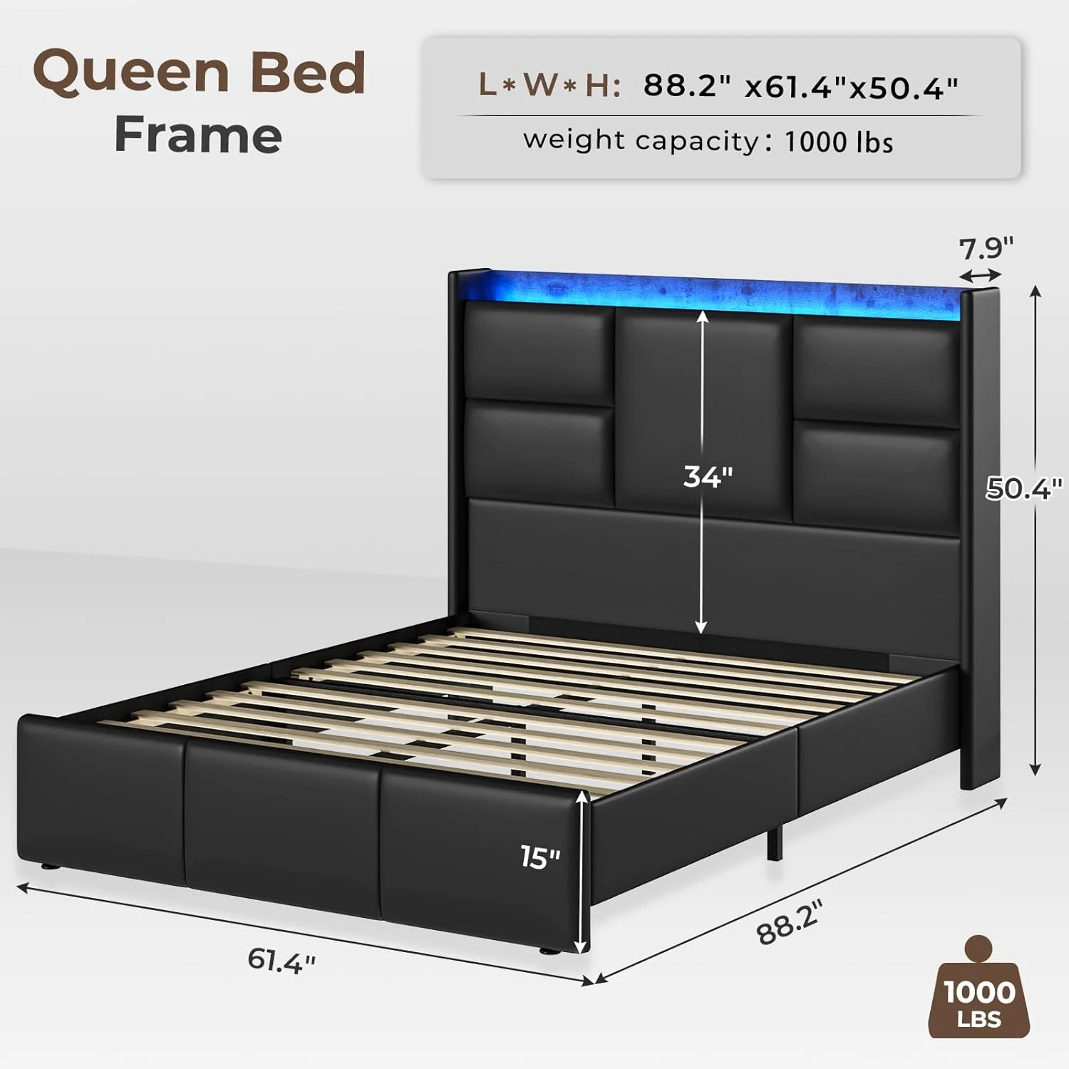 Queen Size Bed Frame with Stroage Headboard, Platform Bed Frame with LED Light & USB Port Charging Station,Wooden Slats Support, No Box Spring Needed,Black