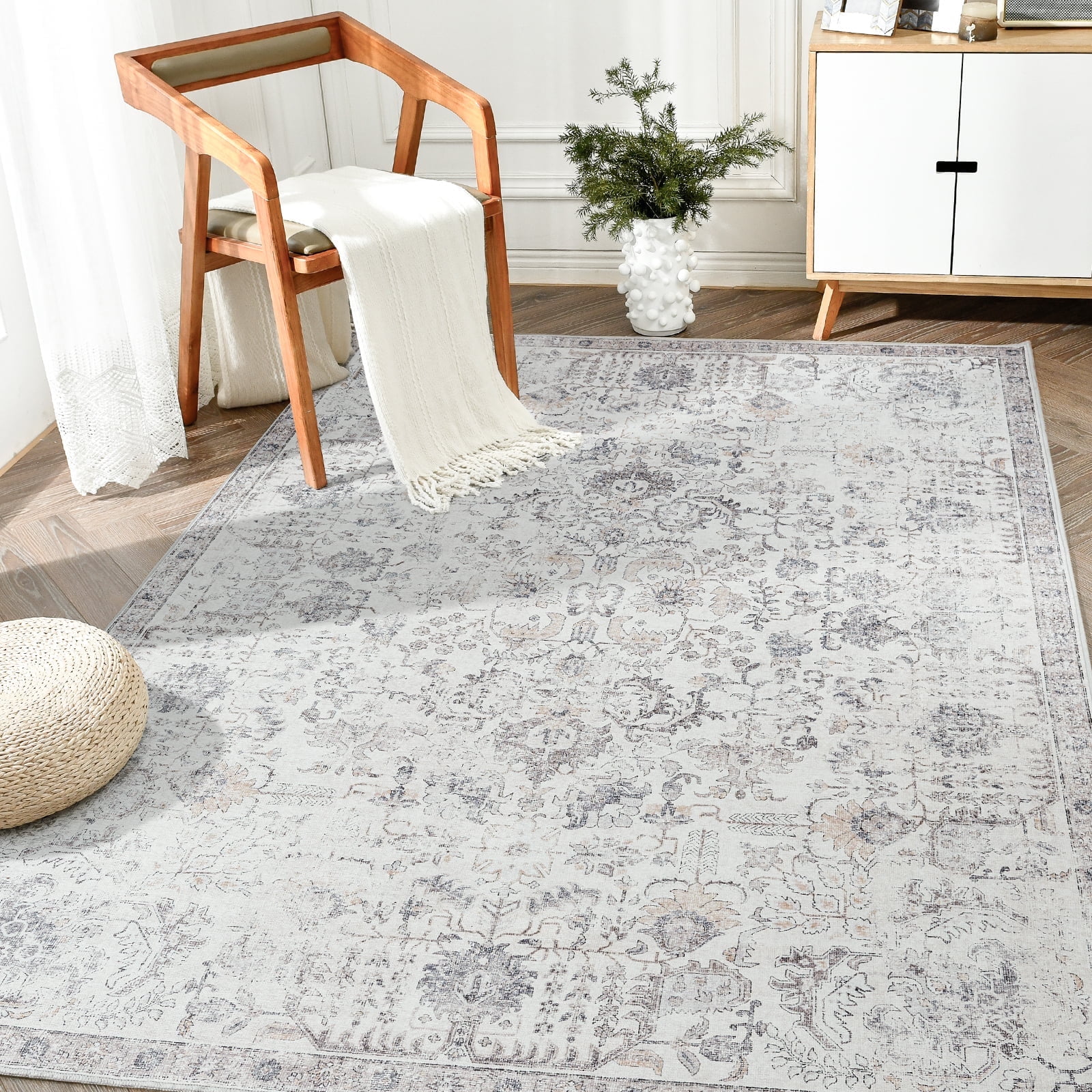 RUGKING Area Rug 8x10 Gray Multi Vintage Rug Flodable Thin Rug Retro Distressed Carpet Floral Print Boho Rug for Kitchen Bedroom Living Room Dining Room