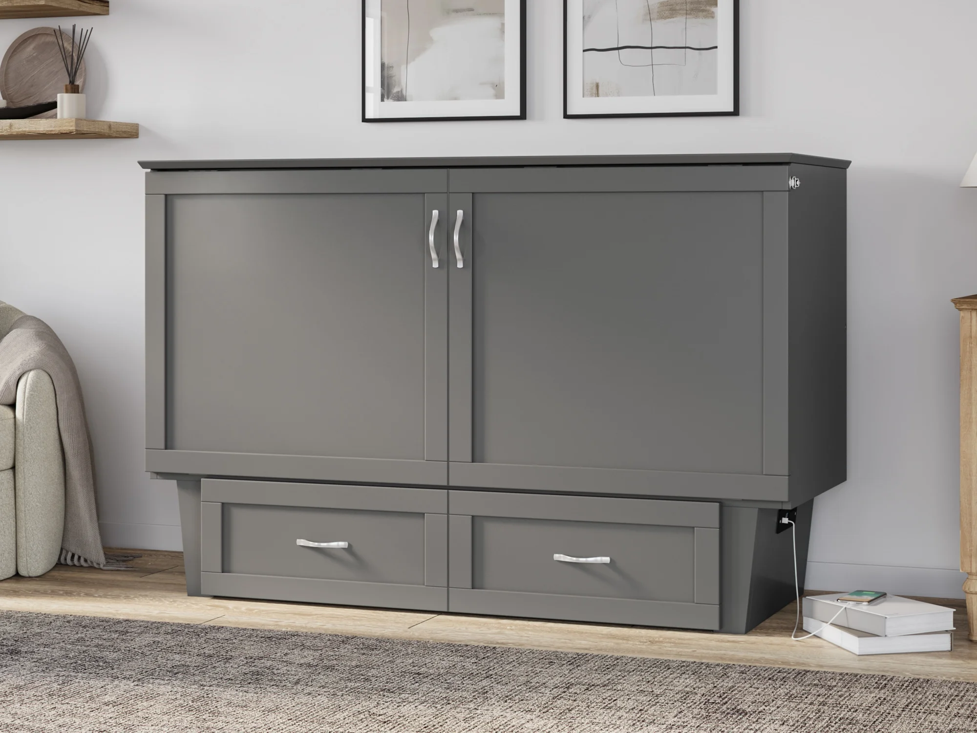 AFI Chelsea Queen Murphy Bed Chest with Mattress, Storage & Built-in Charging, Grey