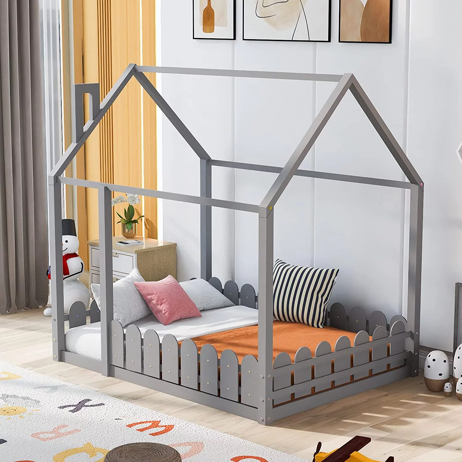 Full House Bed For Kids, Full Size Wood Bed Frame With Roof, Fence-Shaped Guardrails, Montessori Cabin Bed , Floor Bed For Kids, Teen(Grey)