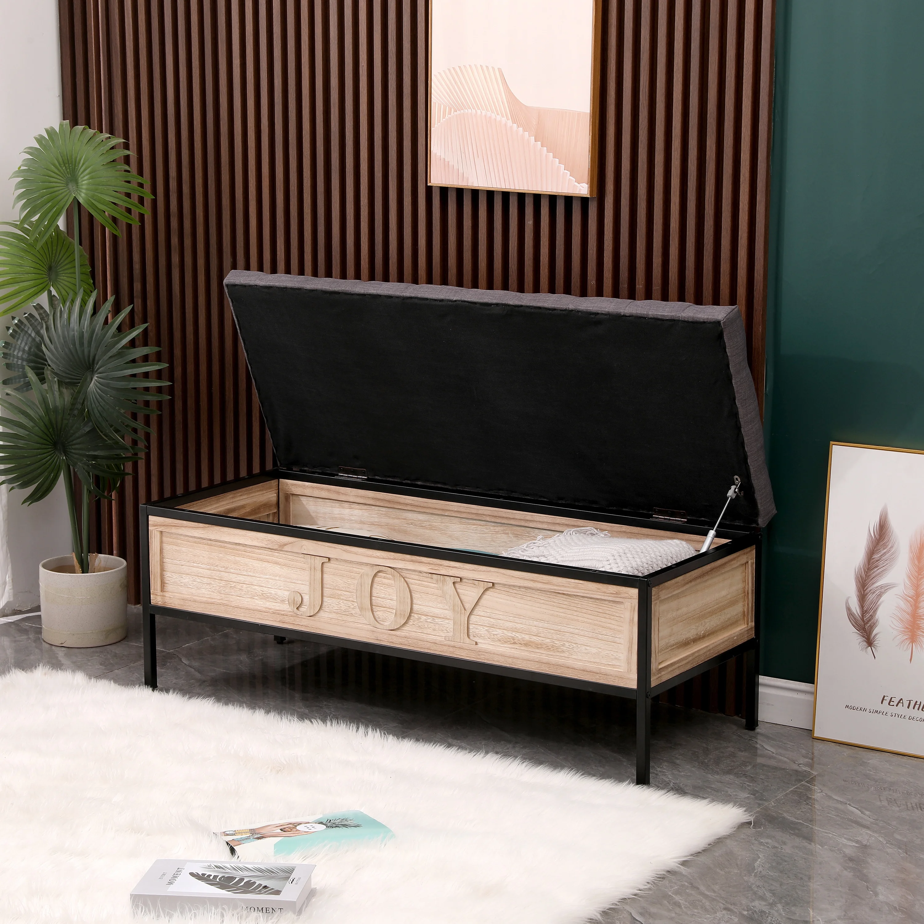 Glavbiku 48'' Ottoman with Storage for Bedroom,Wood Upholstered End of Bed Bench,Dark Gray