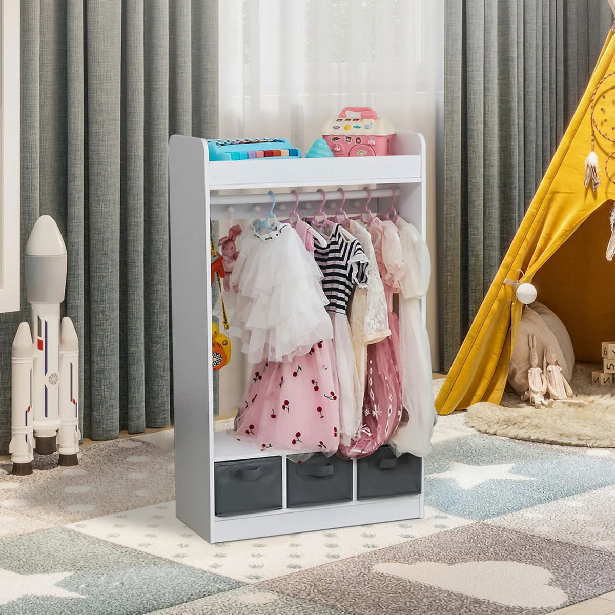 SYTHERS Kids Dress up Storage with Storage Drawer, Open Hanging Armoire Closet, Kids Armoire for Bedroom, White
