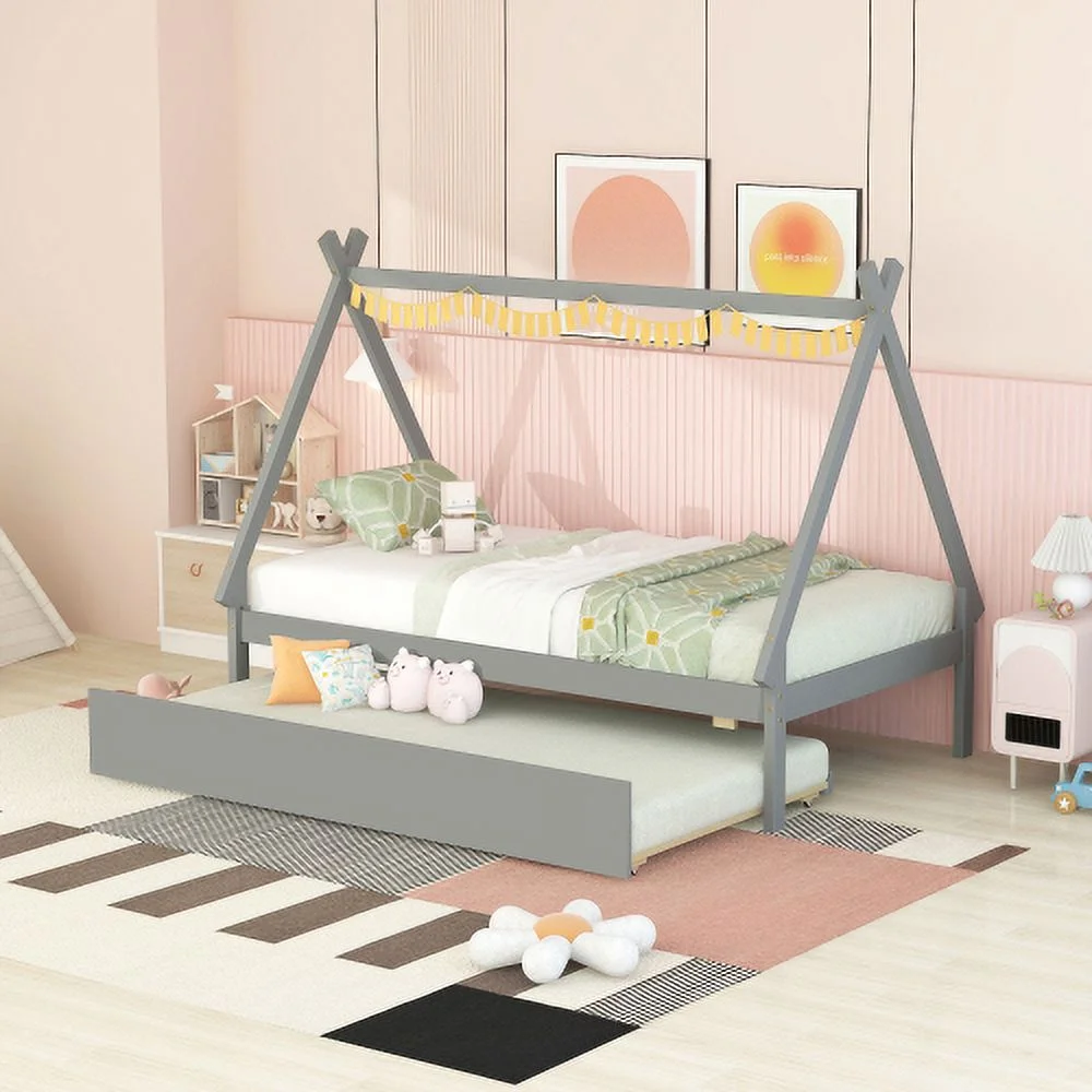 Twin size Tent Floor Bed, Teepee Bed, with Trundle,Grey
