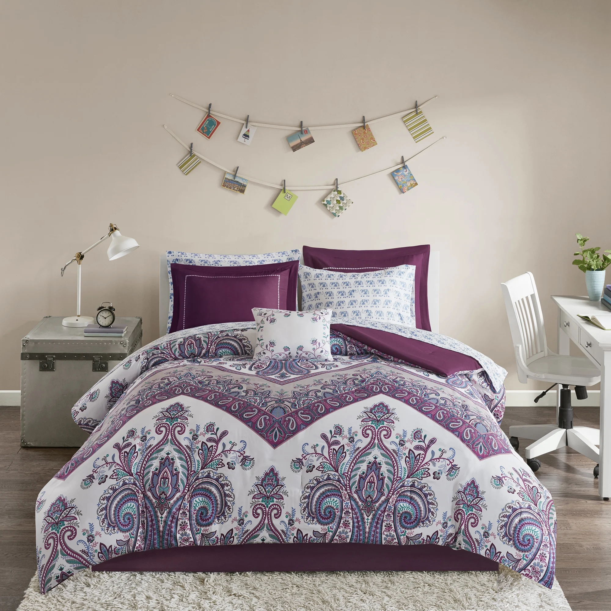 Home Essence Apartment Allura 7 Piece Paisley Complete Comforter Set, Purple, Twin