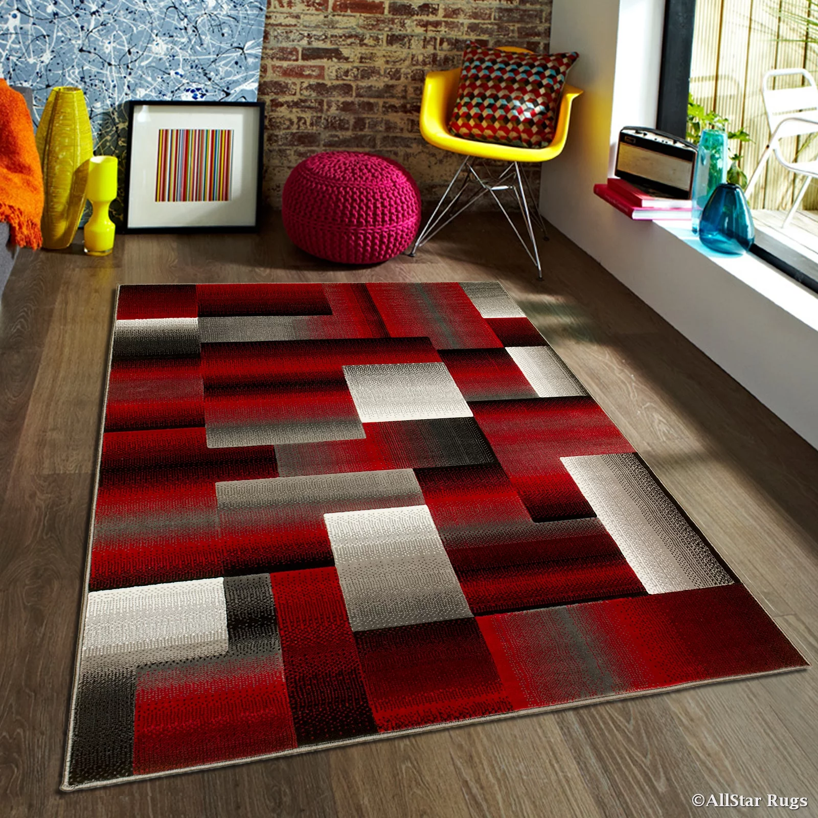 Red Allstar Modern. Contemporary Woven Area Rug. Drop-Stitch Weave Technique. Carved Effect. Vivid Pop Colors (7' 10