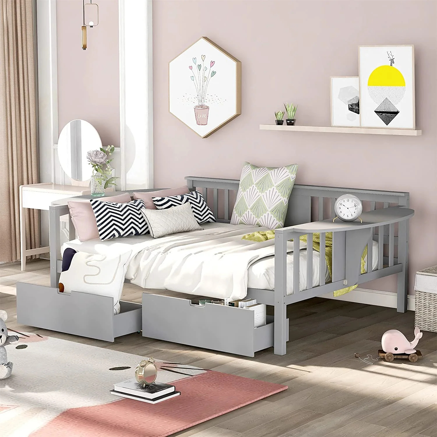 Full Size Daybed With Storage Drawers, Wood Daybed Frame For Kids Teens Guests. No Box Spring Needed, Bedroom Living Room Furniture, Gray