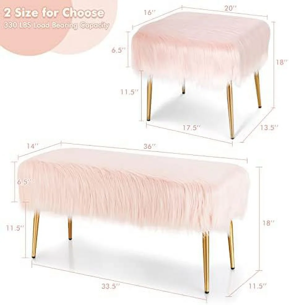 Vanity Stool for Makeup Room  Faux  Ottoman with Golden Metal Legs  Upholstered Entryway Shoe Bench End of Bed  Plush Fluffy Foot Rest Bedroom Living Room (Pink  36'' x 14'