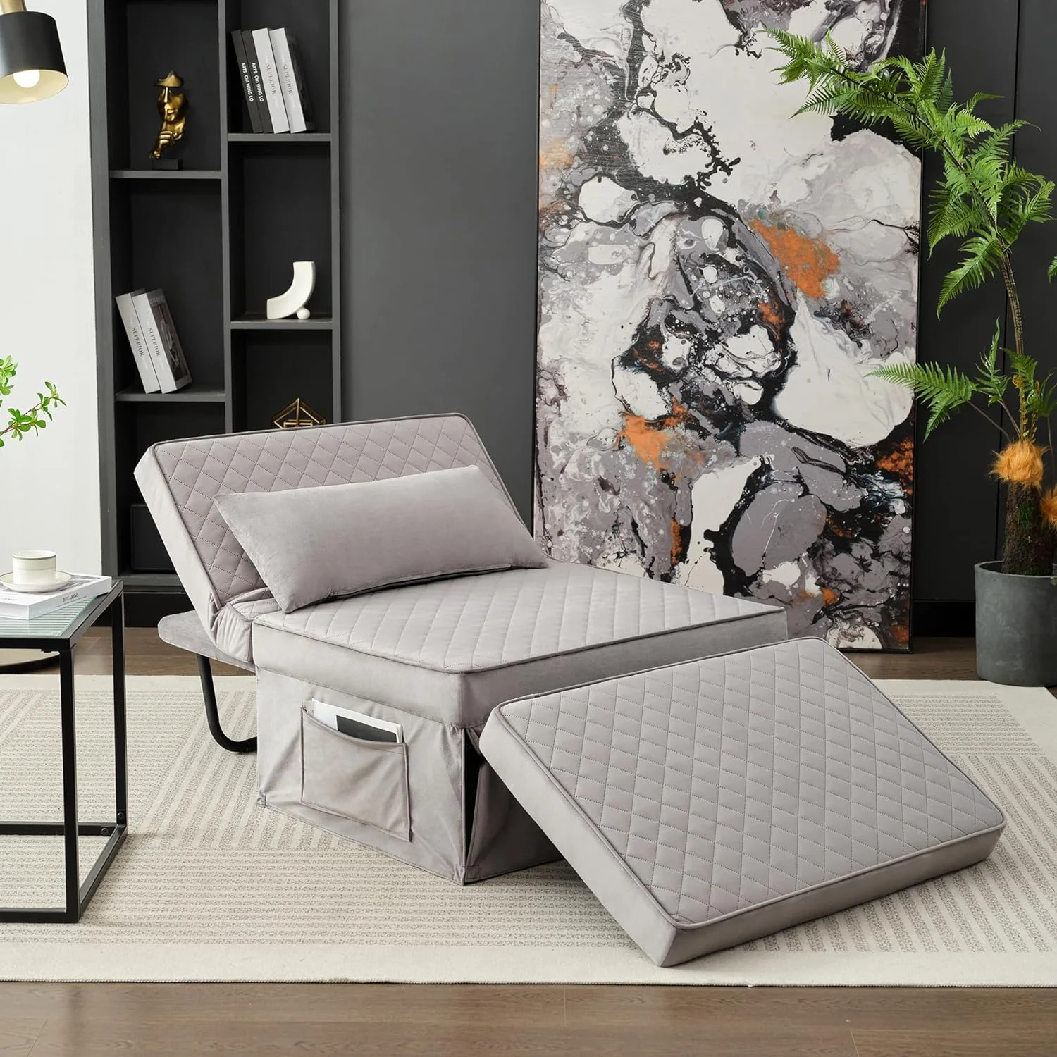 Folding Ottoman Sofa Bed, Convertible Chair 4 In 1 Multi-Function Ottoman, Couch Bed With 6 Position Adjustable Backrest, Modern, Imitation Flannel, Grey