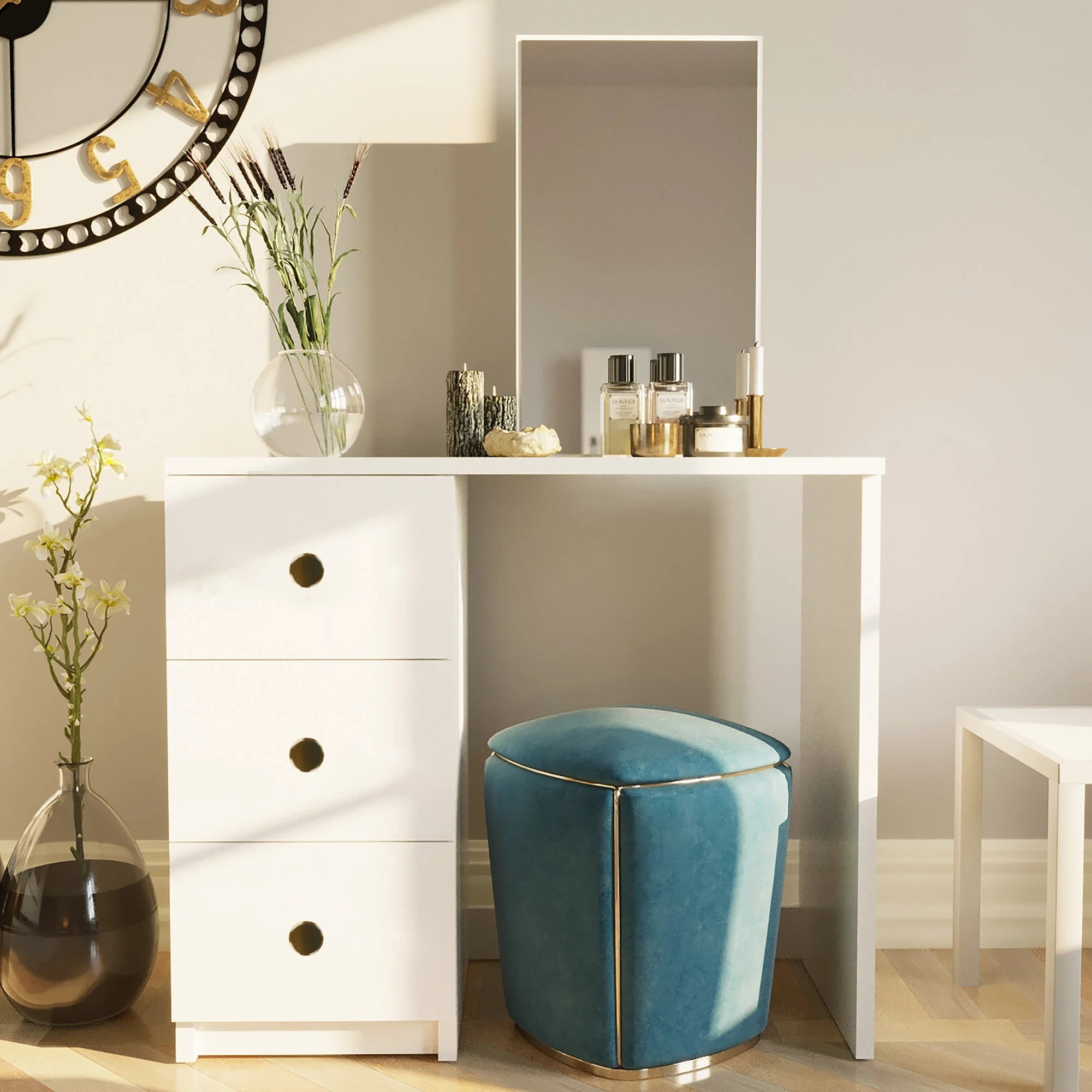 Boahaus Kira MINI Modern Makeup Vanity Desk with Mirror, Golden Knobs, 3 Drawers, White