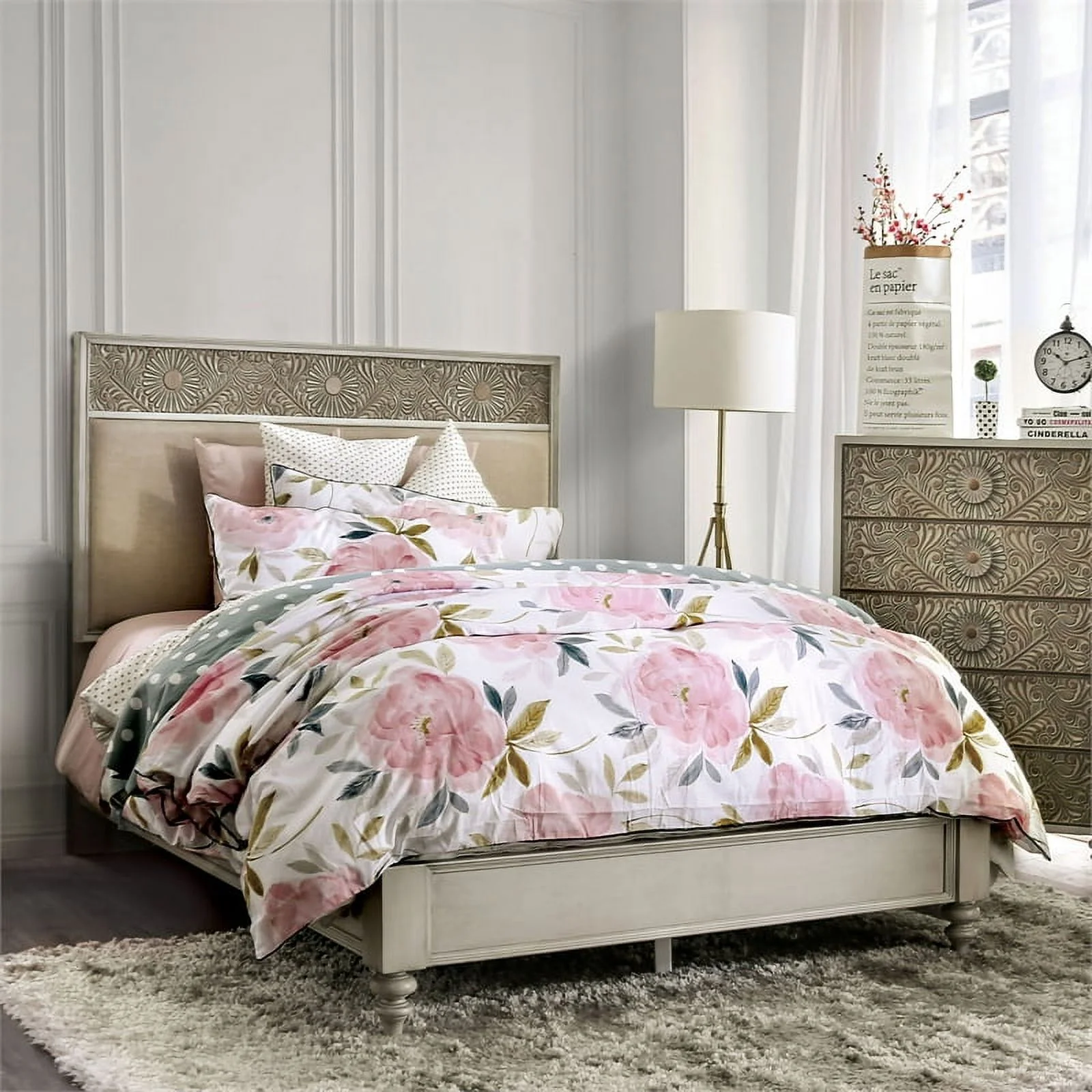 Furniture of America Winne Wood Padded Headboard Queen Bed in Antique White