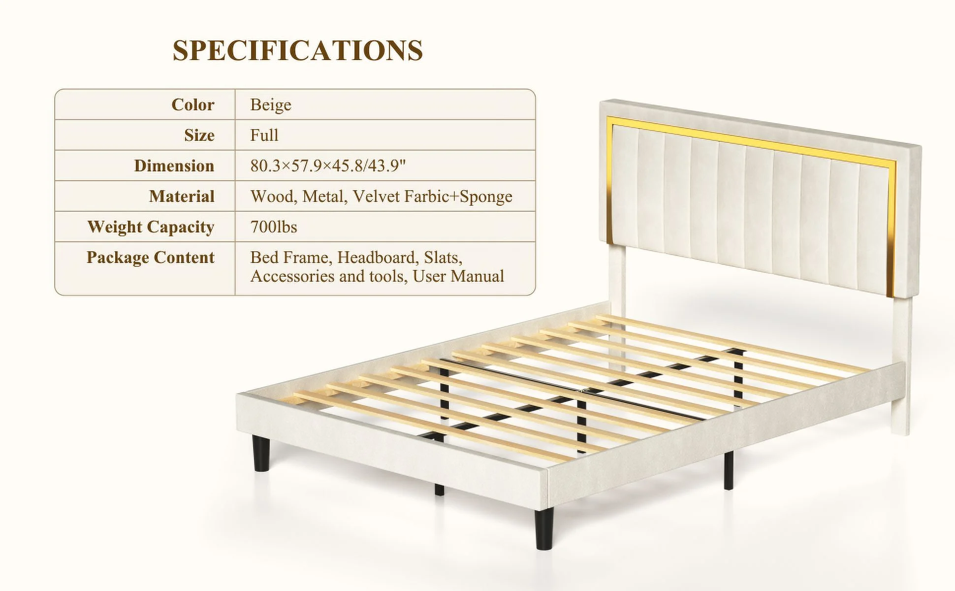 Full Size Bed Frame, with Headboard and Strong Metal/Wood Supports, Easy Assembly, Noise-Free, No Box Spring Needed, Beige