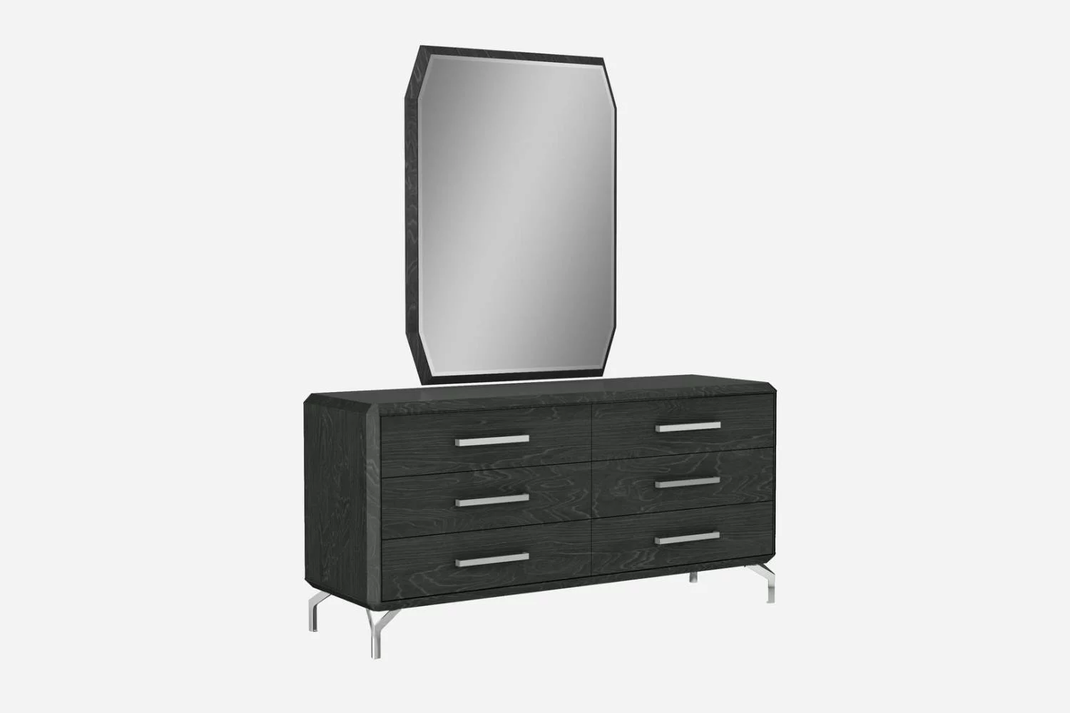 Whiteline Modern Living Los Angeles Dresser in High Gloss Grey with Geometric Design and 6 Self-Closing Drawers with Polished Stainless Steel Handles and Legs
