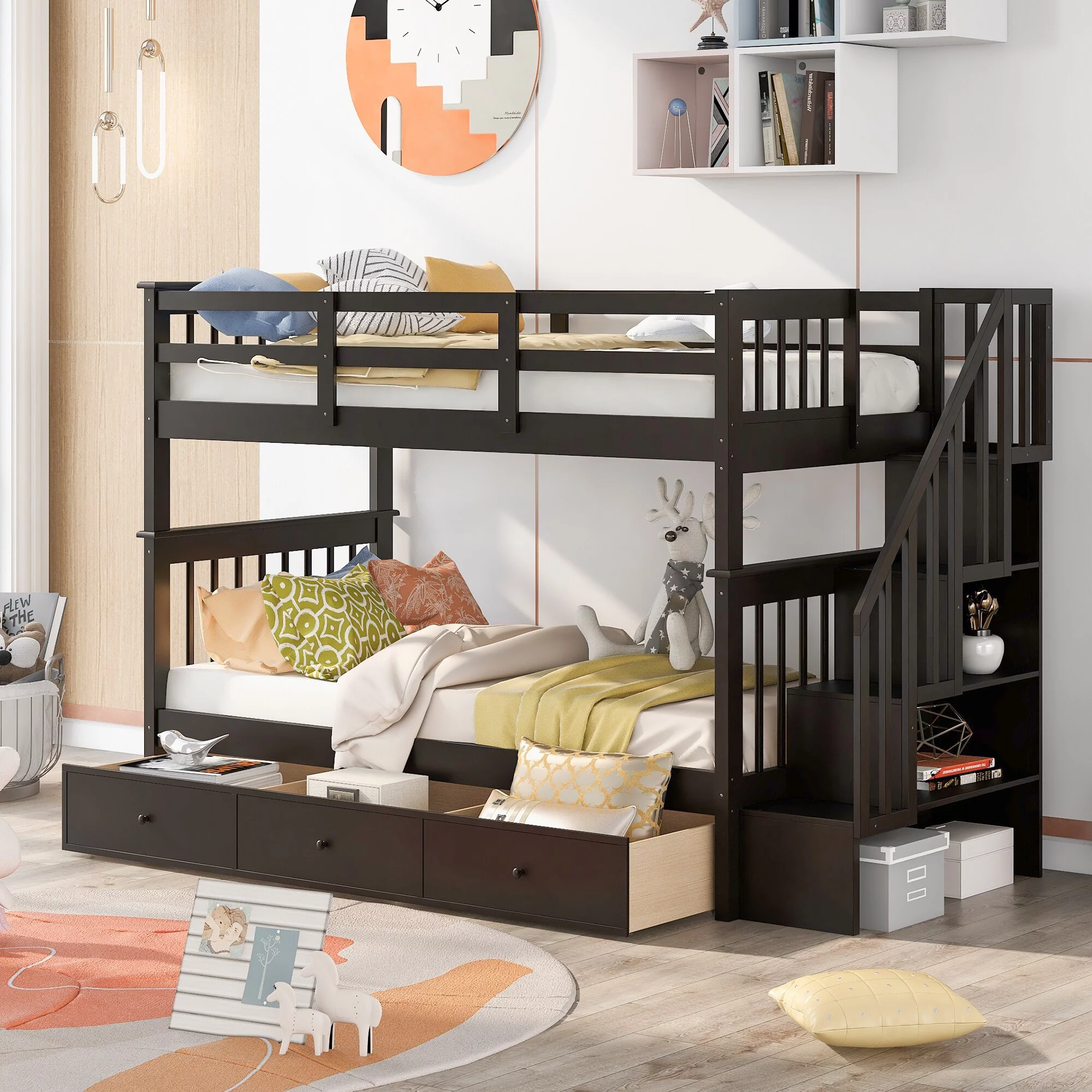 Stairway Twin-Over-Twin Bunk Bed with 3 Drawers and 3-Tier Shelves for Bedroom, Dorm Espresso