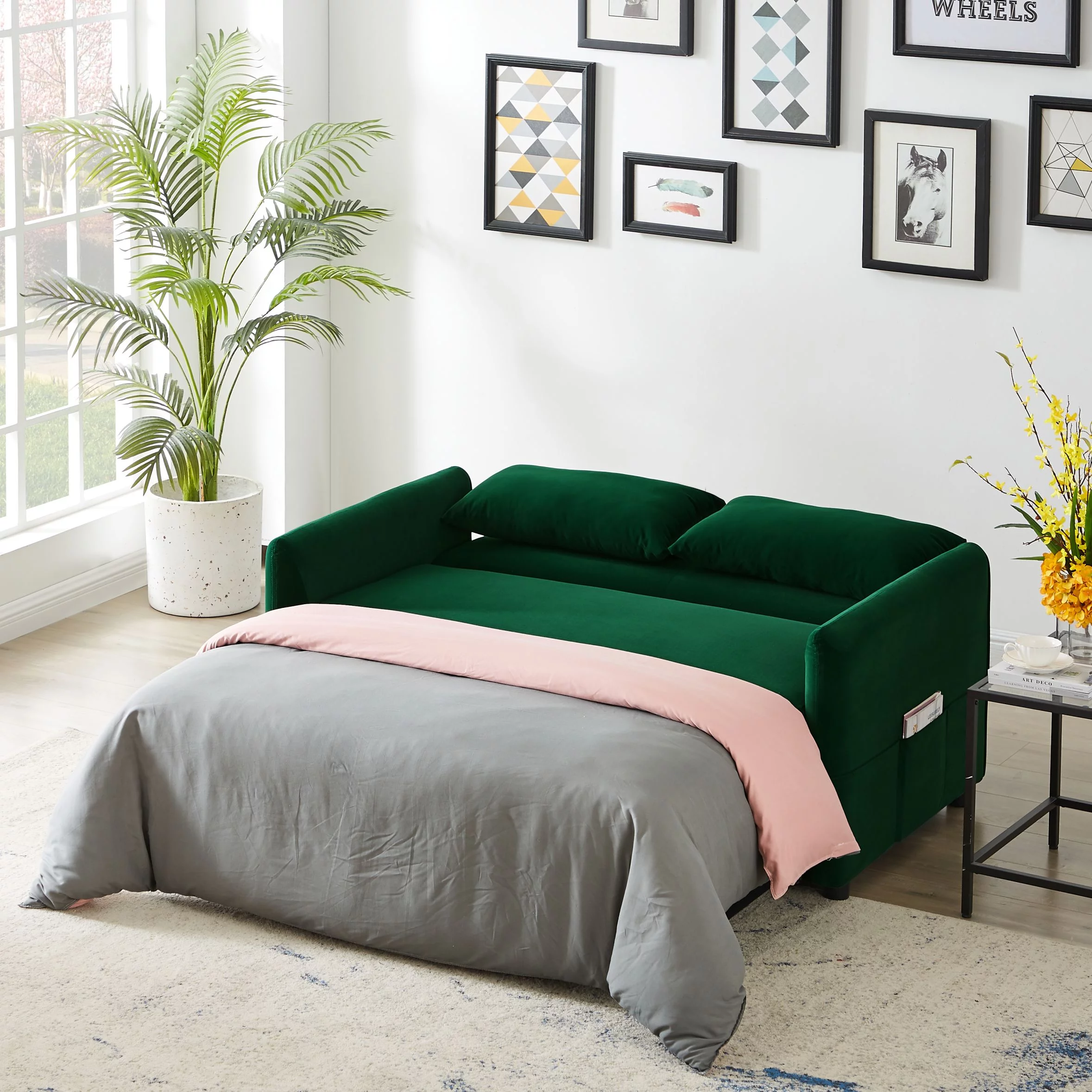 Knocbel Double Seat Sofa Bed Multifunctional Convertible Sofa Chair with Pull-out Bed, 2 Lumbar Pillows and Adjustable Backrest for Living Rooms Apartments, 57.1