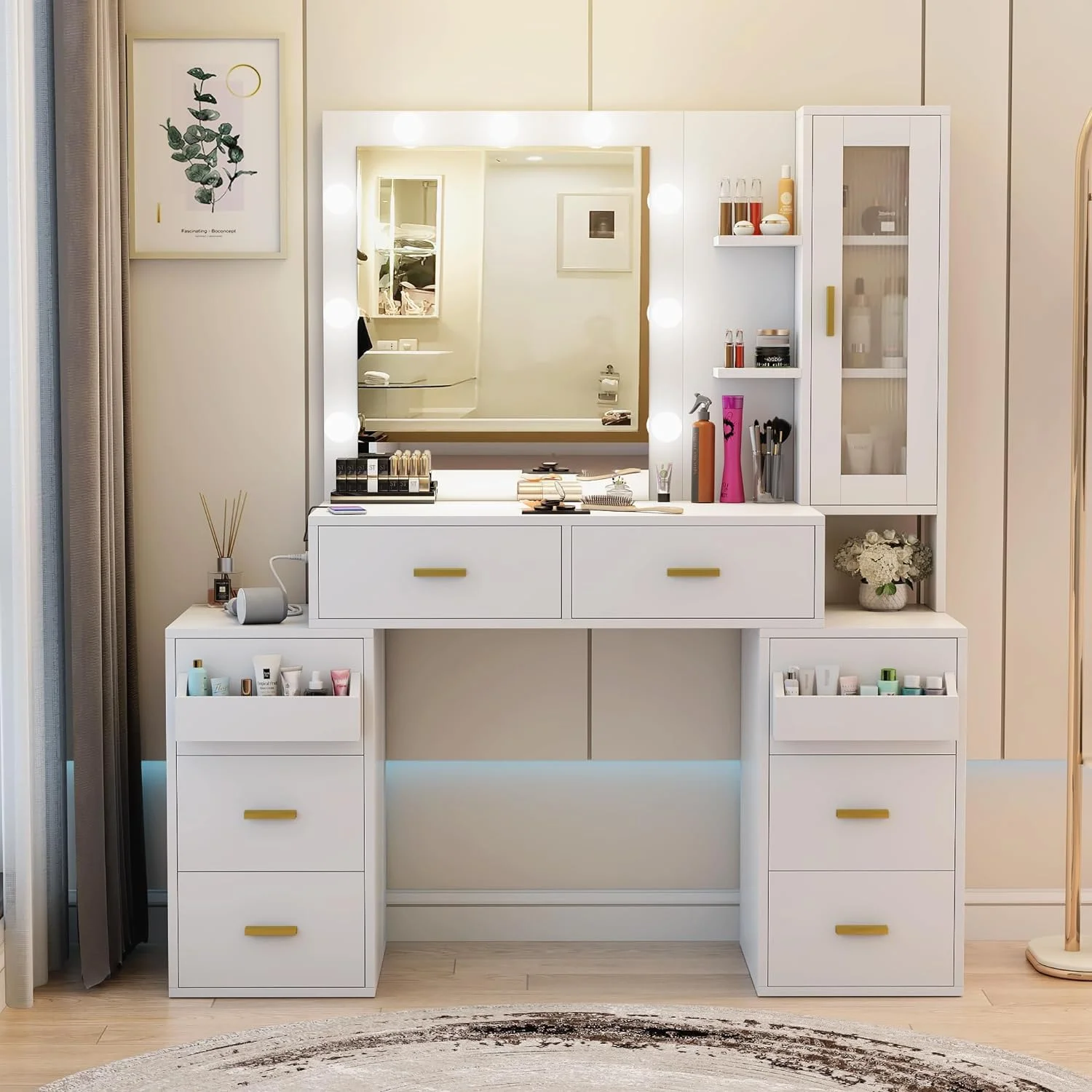 PAKASEPT Makeup Vanity Desk with Mirror and Lights, Large Vanity Desk with 3-Color Dimmable and Charging Station, Vanity Table with 8 Drawer & Glass Cabinets & Storage Shelves